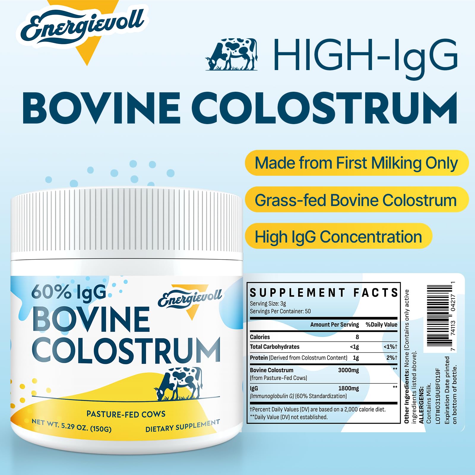 Energievoll Bovine Colostrum Supplement Powder - 60% IgG 3000 mg for Gut, Hair Growth, Beauty, and Immune, Easy to Mix, Unflavored (50 Servings) Energievoll buy supplements canada
