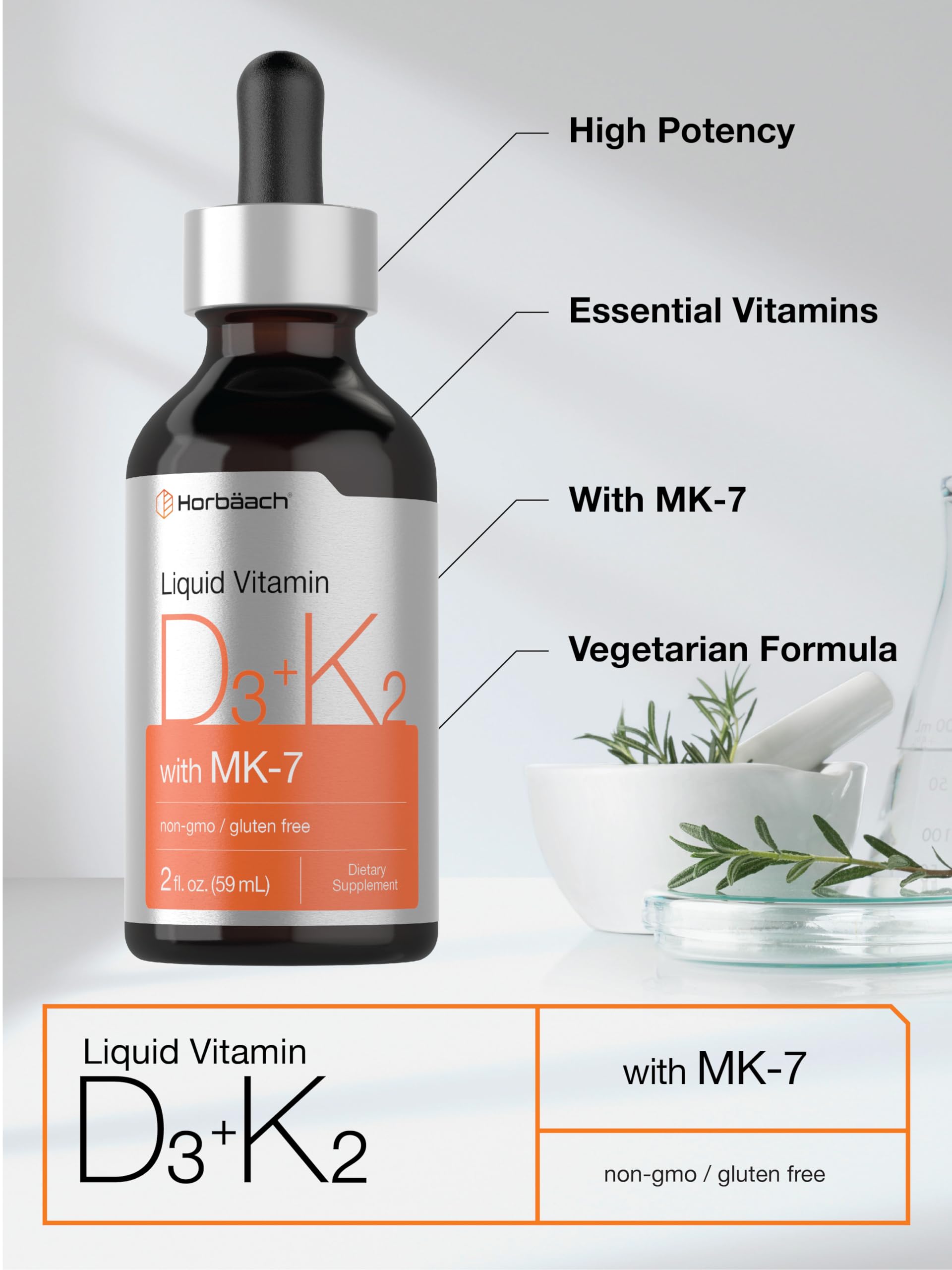 Horbäach Vitamin D3 + K2 Liquid Drops | with MK7 | 2 Fl Oz | Vegetarian | Non-GMO Horbäach buy supplements canada
