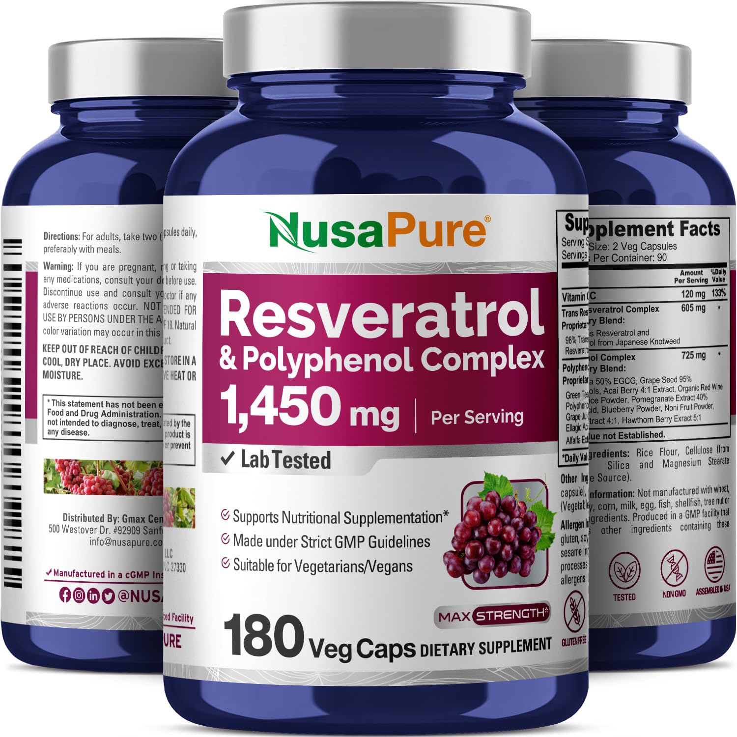 NusaPure Resveratrol & Polyphenol Complex 1450mg 180 Vegetarian Caps (Non-GMO, Vegan) Vitamin C NusaPure buy supplements canada