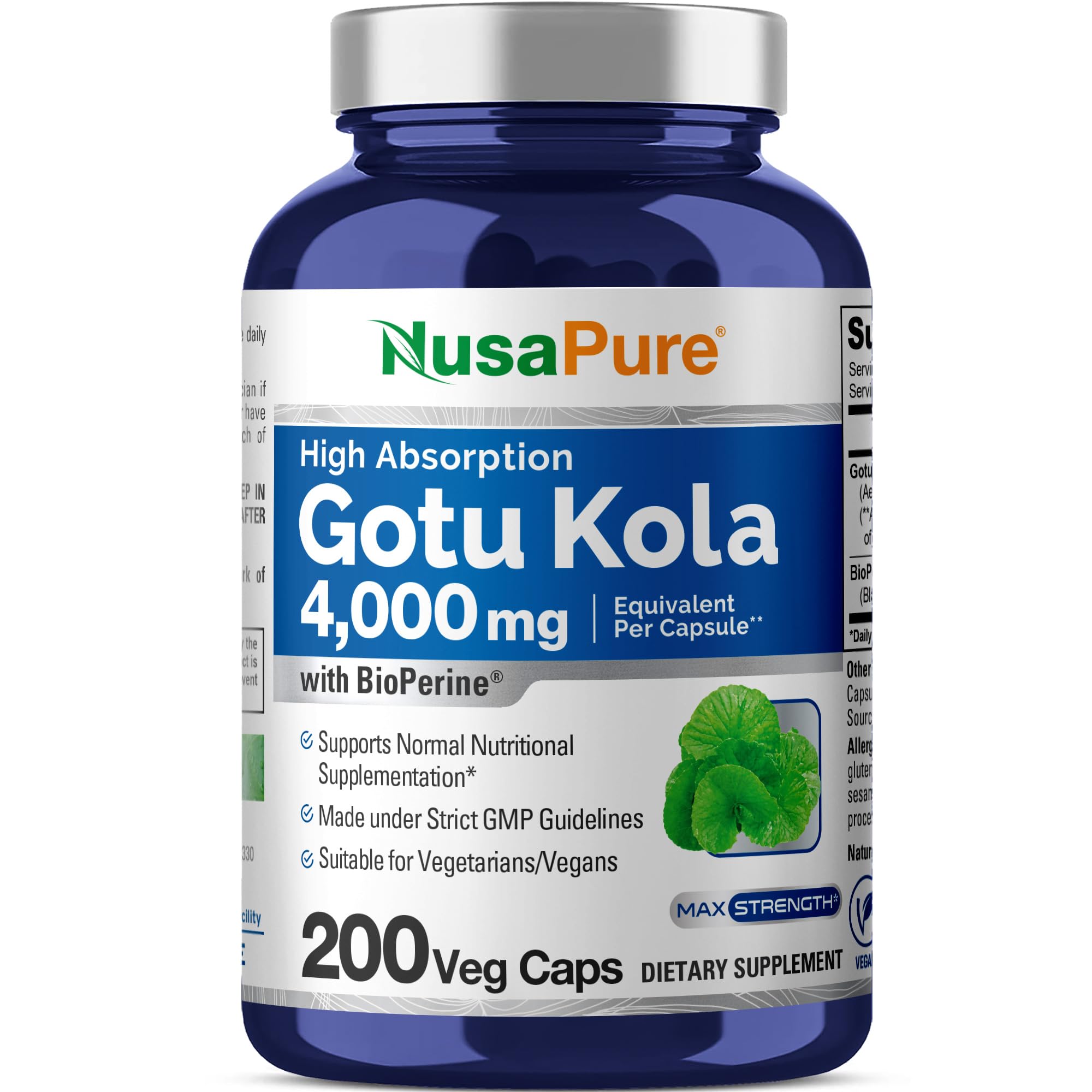NusaPure Gotu Kola Capsules 20:1 Extract, 200 mg Equivalent to 4000mg Per Veggie Caps, 200 Count, Non-GMO, Vegan, Bioperine - Traditional Herb Extract NusaPure buy supplements canada