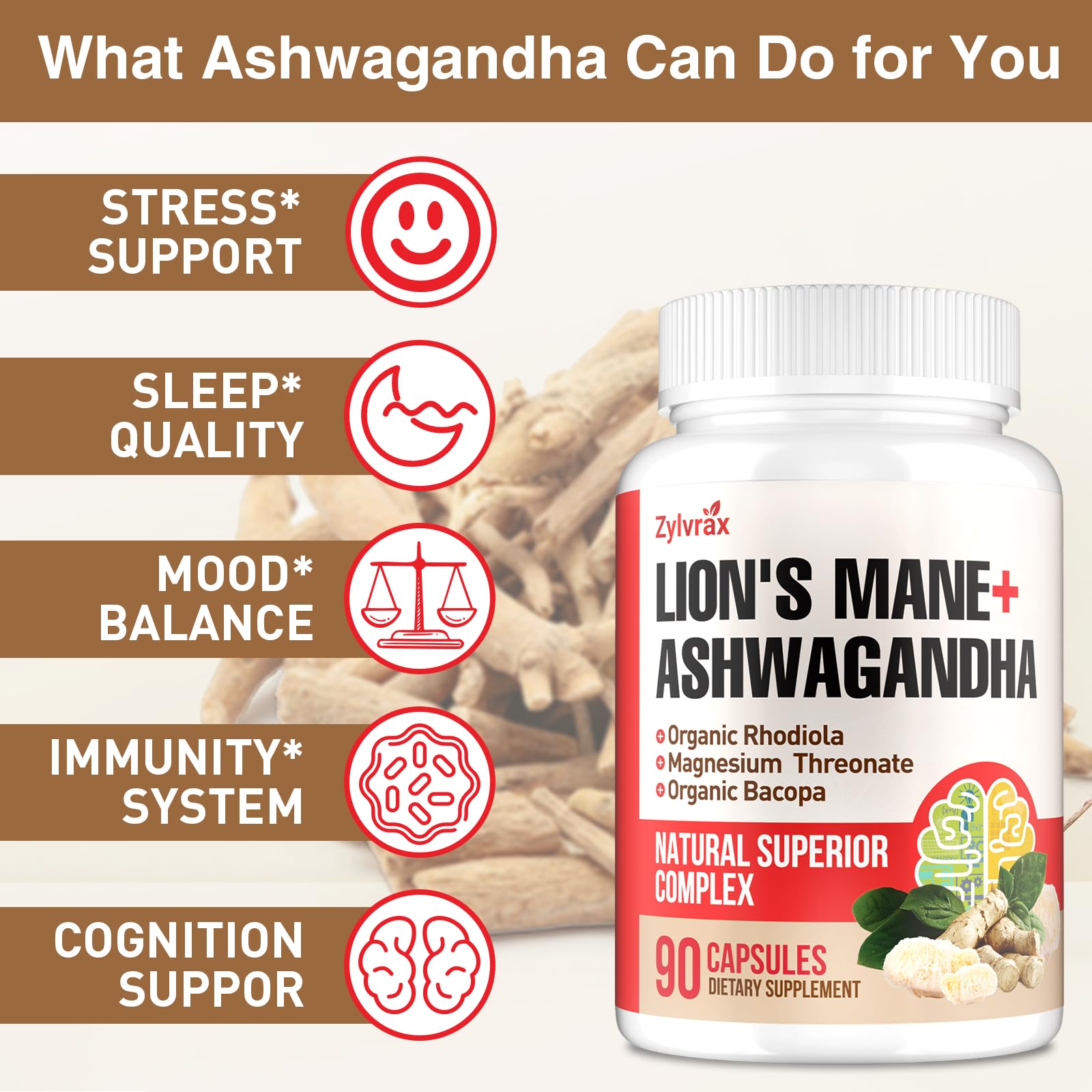 Ashwagandha & Lions Mane Supplements Capsules, Brain Supplements for Memory and Focus, Ashwagandha with Rhodiola Rosea for Cognitive, Immune Support, Cortisol Supplements for Women, 90 Capsules Zylvrax buy supplements canada
