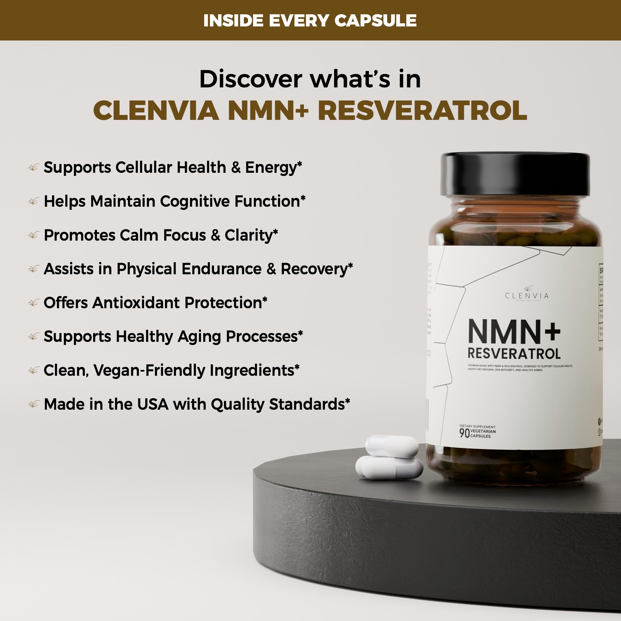 CLENVIA Premium NMN Supplement with Resveratrol – High Potency NAD+ Support Formula – >99.7% Purity – Third-Party Tested – Made in USA – 500mg Nicotinamide + 100mg Resveratrol – 90 Capsules CLENVIA buy supplements canada