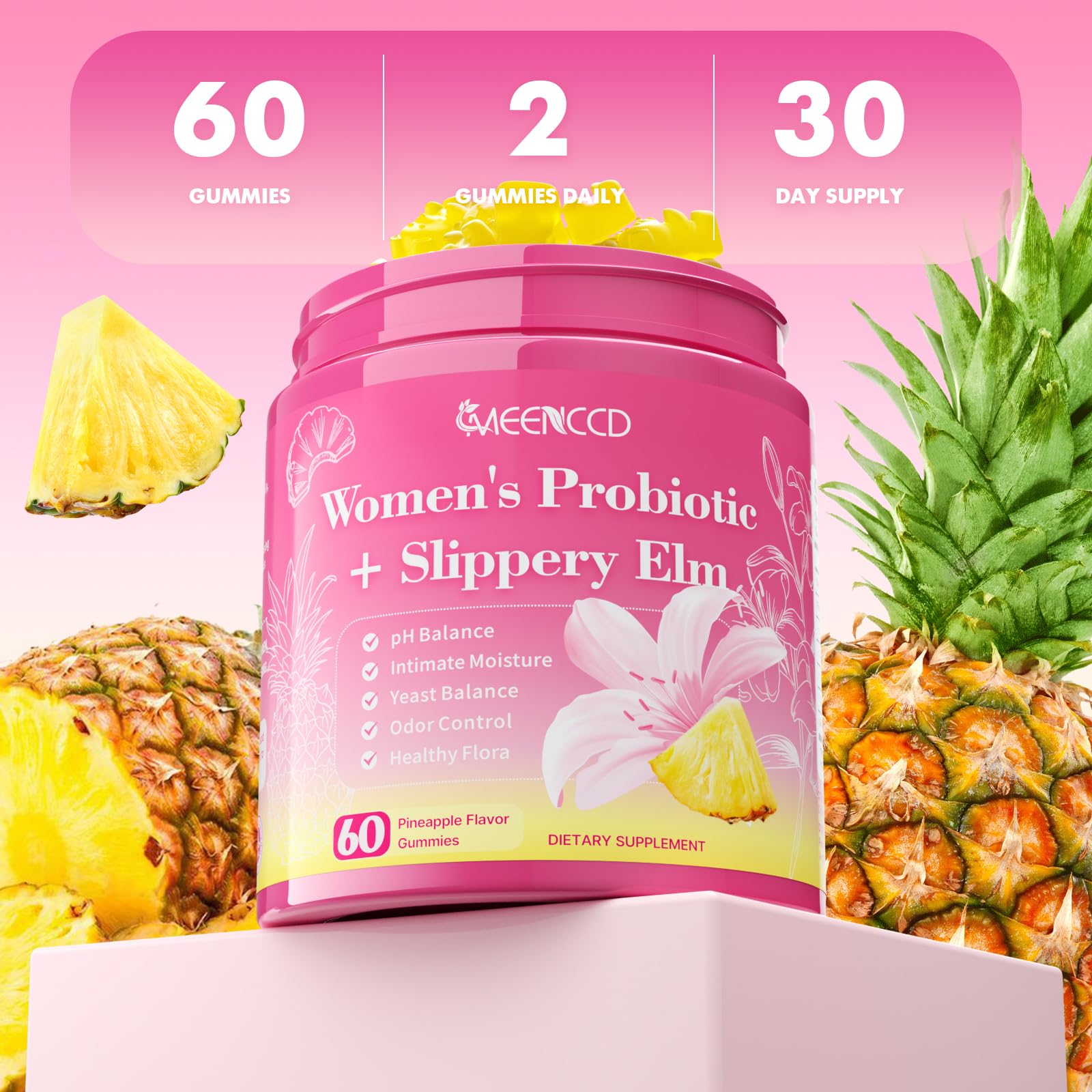 MEENCCD Her Juicy Feminine Probiotics Gummies with Slippery Elm & Lactobacillus Blend, Supports pH Balance & Immune Function, Promotes Vaginal Wellness, Pineapple Flavor, 60 Count MEENCCD buy supplements canada
