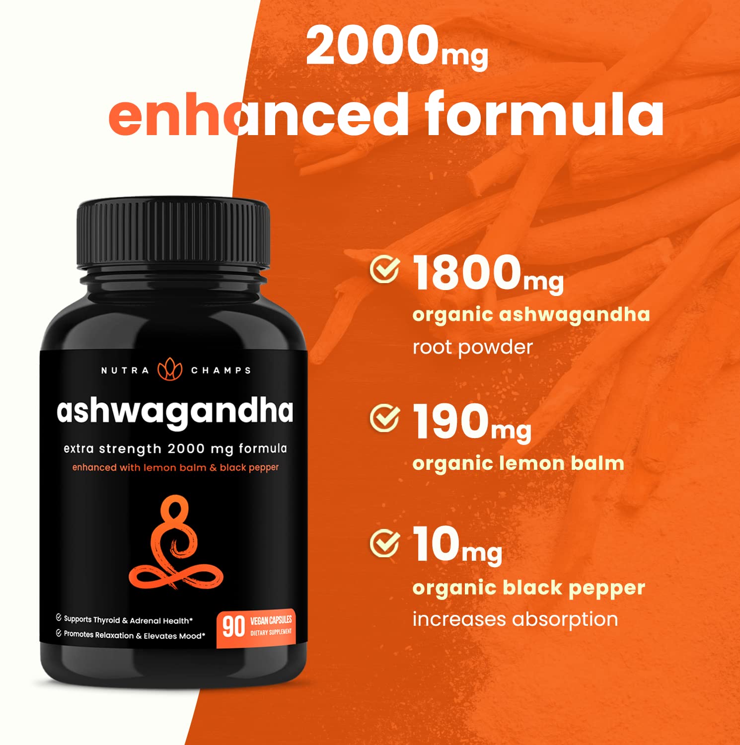 NutraChamps Organic Ashwagandha Capsules, 2000mg Adrenal Fatigue, Thyroid & Mood Support Ashwagandha Supplements, Ashwagandha Root Powder & Lemon Balm, Superior Absorption with Black Pepper NutraChamps buy supplements canada