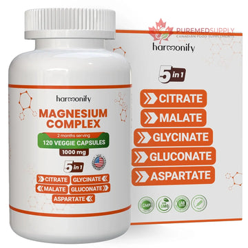 HARMONIFY Magnesium Glycinate Citrate Malate Aspartate Gluconate, 5 in 1 Formula, 120 Purified Veggie Capsule, 1000 mg, Gluten Free, Non-GMO, 60 Days Serving HARMONIFY buy supplements canada