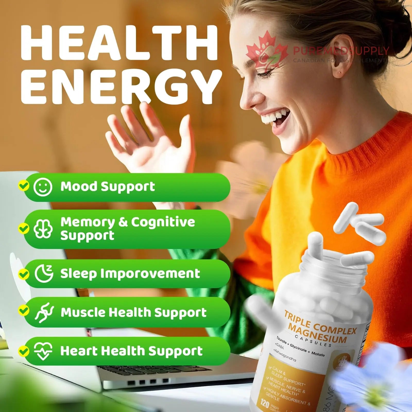 Triple Magnesium Complex - Magnesium Glycinate, Taurate & Malate Supplement with Omega3, Ashwagandha, GABA for Sleep, Brain Heart & Muscle Support - High Absorption and Gentle, Vegan, 120 Capsules iMATCHME buy supplements canada