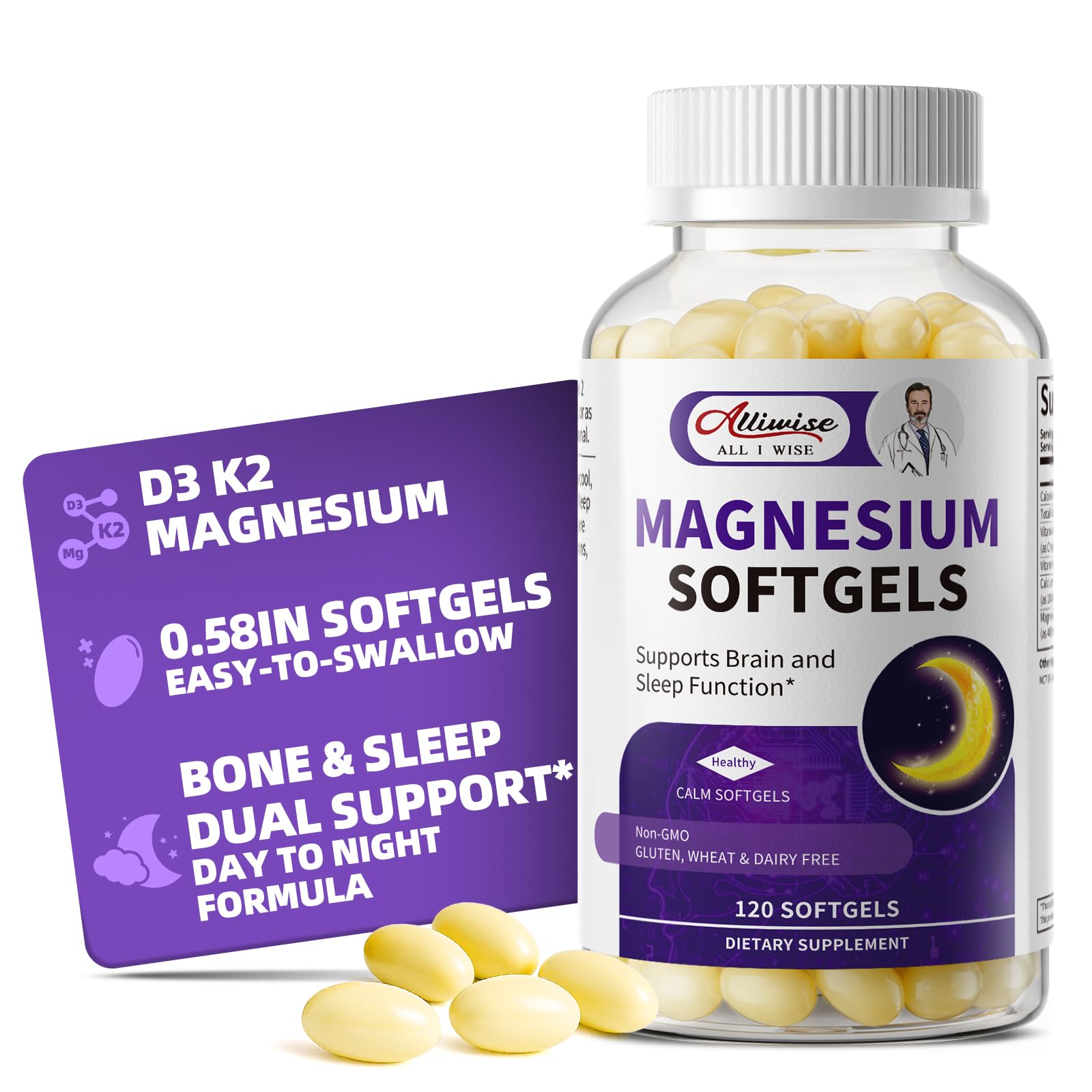 Magnesium Glycinate 400mg Softgels, Small Easy to Swallow High Absorption Magnesium Supplement, with Vitamin D3 & K2 for Sleep Relax Calm Muscle Bone* Health, 120 Gelcaps Alliwise buy supplements canada