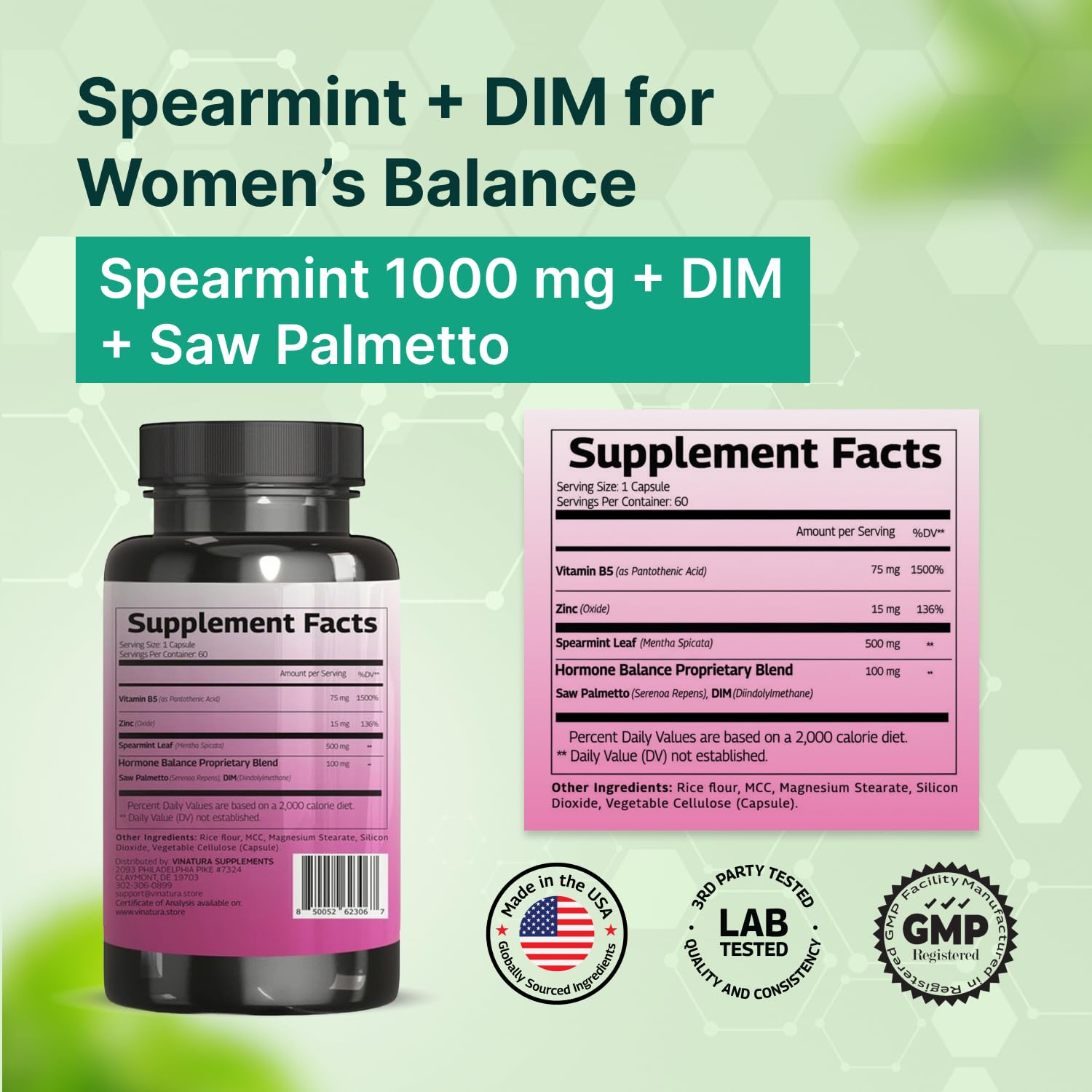VINATURA Spearmint Leaf Capsules Supplement - Enhanced with DIM & Saw Palmetto, for Unwanted Hair, Women' Health & Skin *USA Made & Tested* - 1380mg/serving, 60 Capsules (30 Servings) VINATURA buy supplements canada