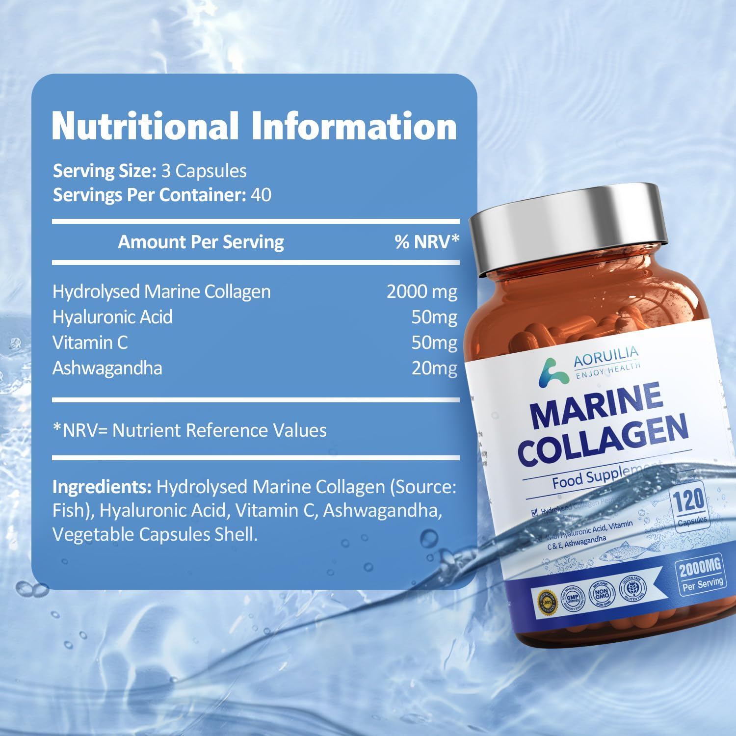 Marine Collagen Supplements for Women Men 2000mg 120 Capsules Hyaluronic Acid, Vitamin C, Vitamin E, & Ashwagandha Aoruilia buy supplements canada