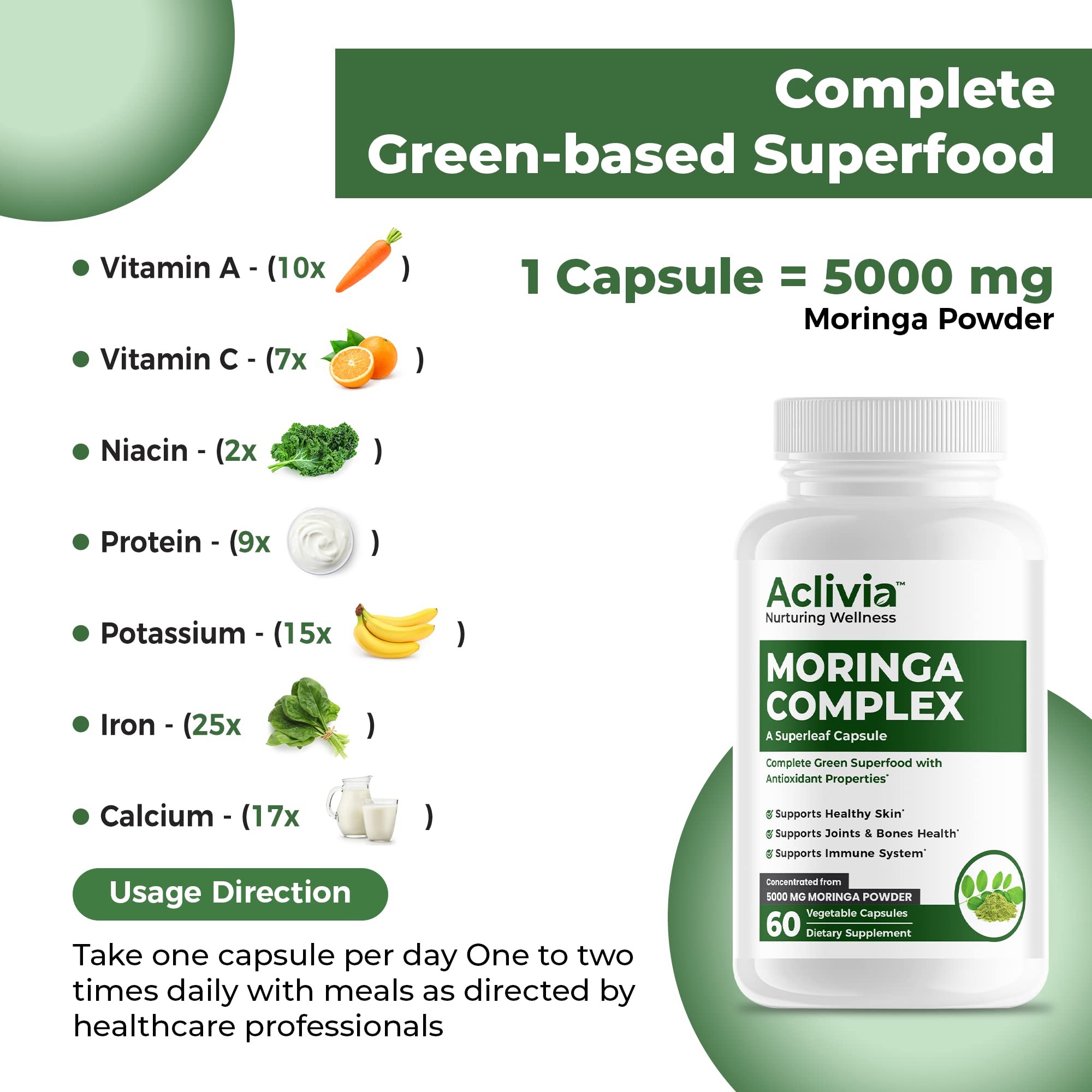 Aclivia - Moringa Complex - Maximum Strength Moringa Oleifera Leaf & Seed Supplement - Superfood Capsules with Antioxidant Properties - 5000mg - 60 Capsules Aclivia buy supplements canada