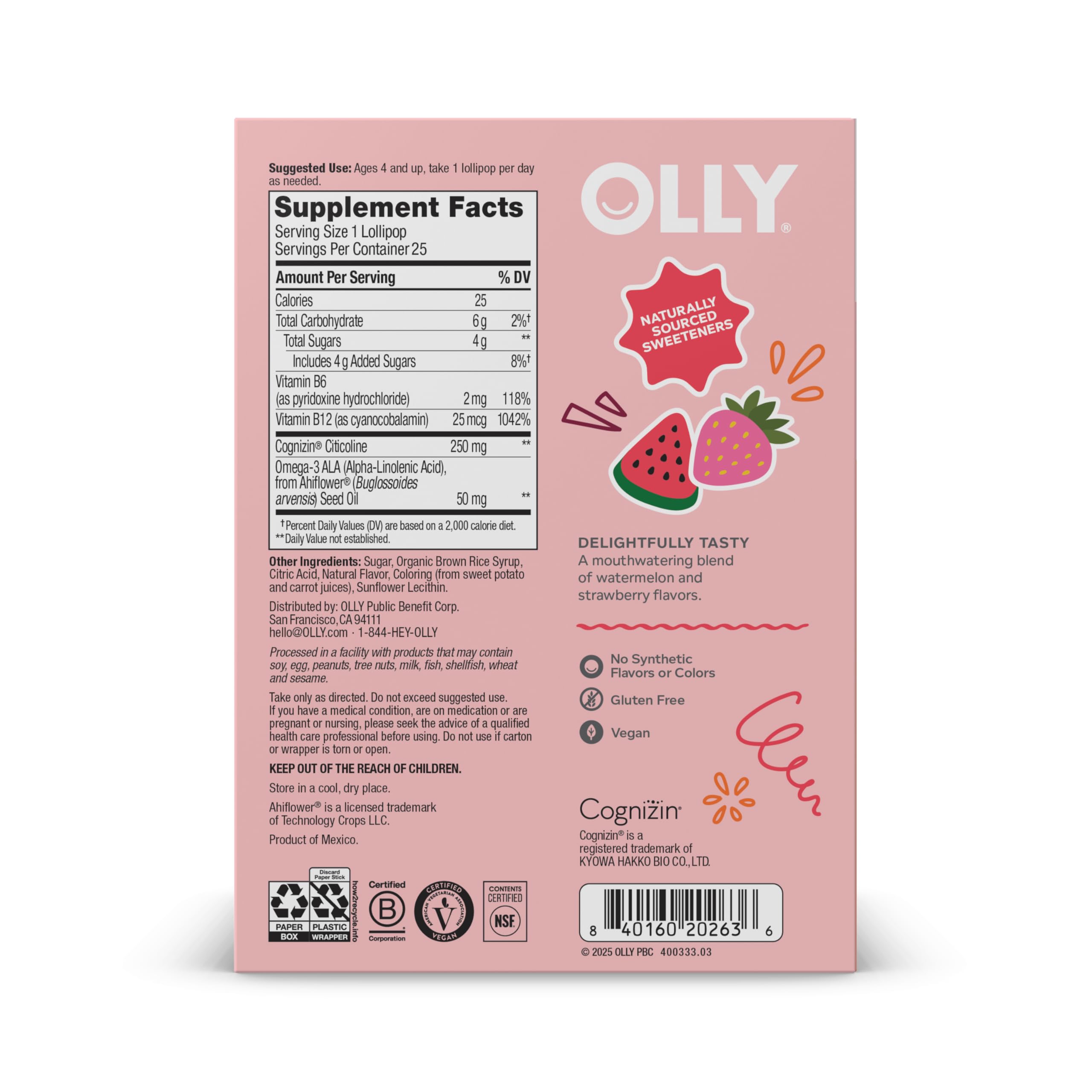 OLLY Focus Buddies L’OLLY Pops, Cognizin, Vitamins B6 and B12, Omega-3 ALA, Supports Focused Attention and Healthy Brain Function,* Kids 4+ Dietary Supplement, Watermelon Strawberry Flavored, 25 Count OLLY buy supplements canada