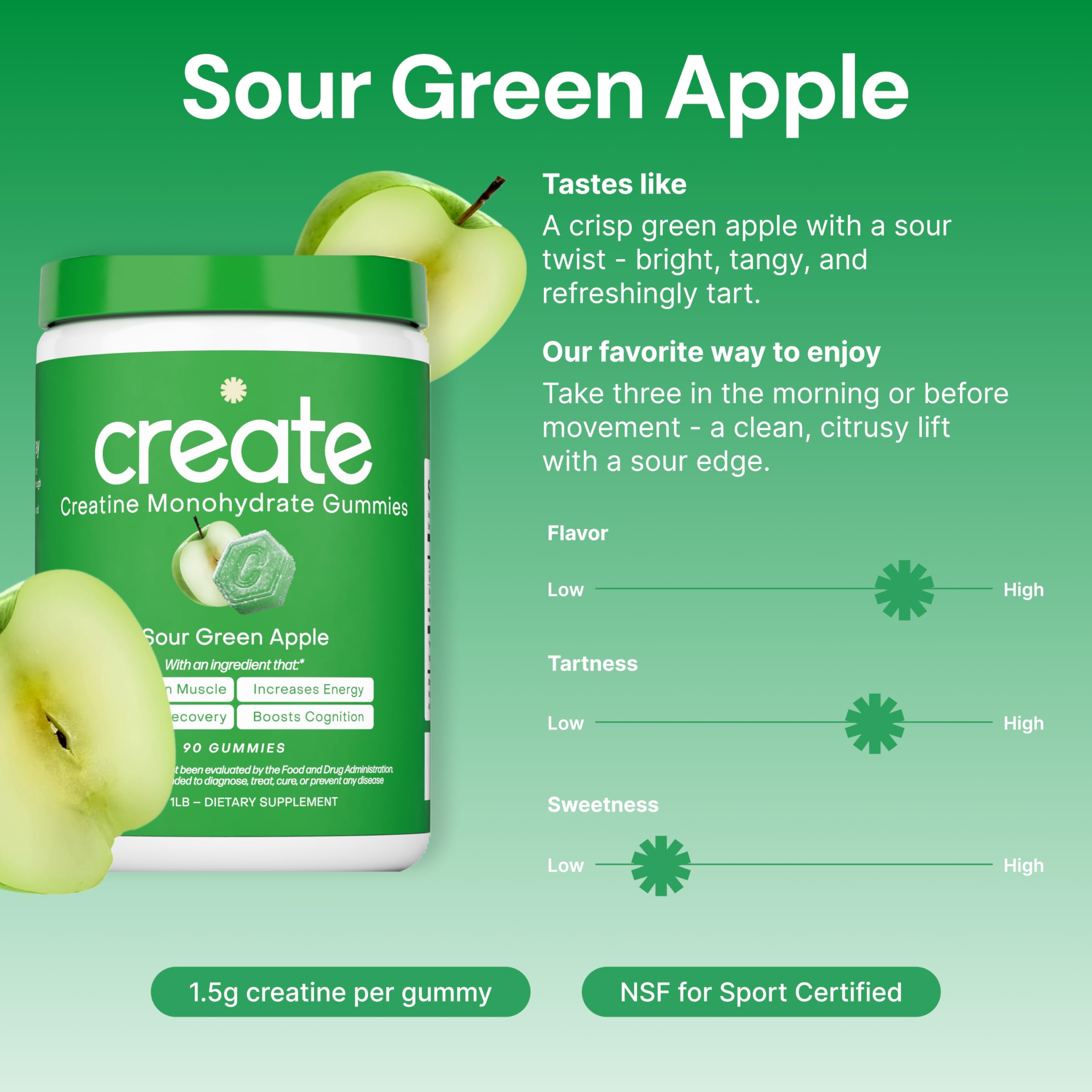 Create Creatine Monohydrate Gummies for Men & Women, Boost Focus, Strength, and Endurance, Anti-Melting Formula, Vegan, Gluten-Free, Non-GMO, 1.5g of Creatine per Gummy (Sour Green Apple) Create buy supplements canada