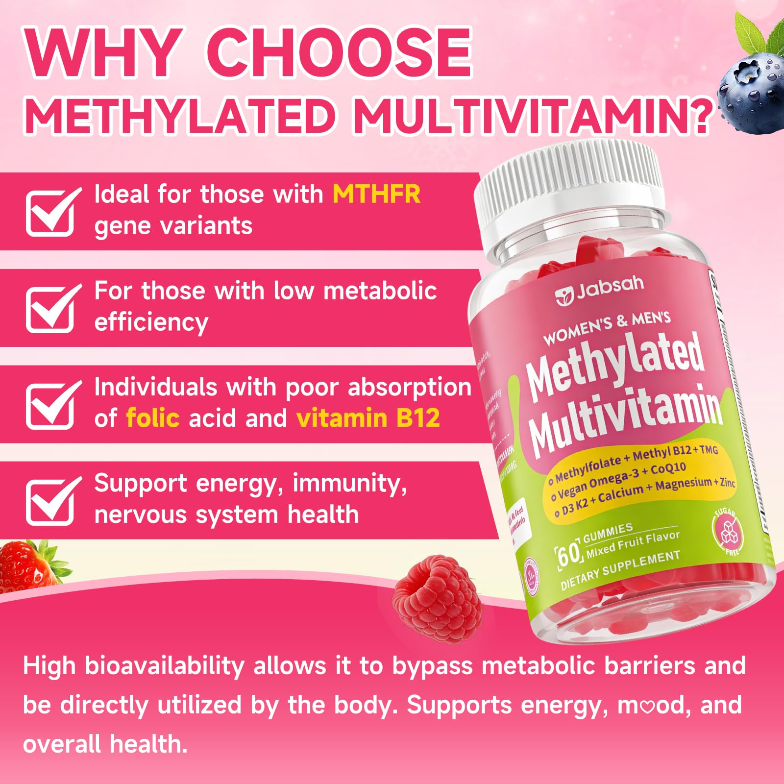 Methylated Vitamin B Complex Gummies for Women & Men, Multivitanins Gummy with Vitamin A, C ,E, Methylfolate & B12, TMG, Calcium, D3 K2 Jabsah buy supplements canada