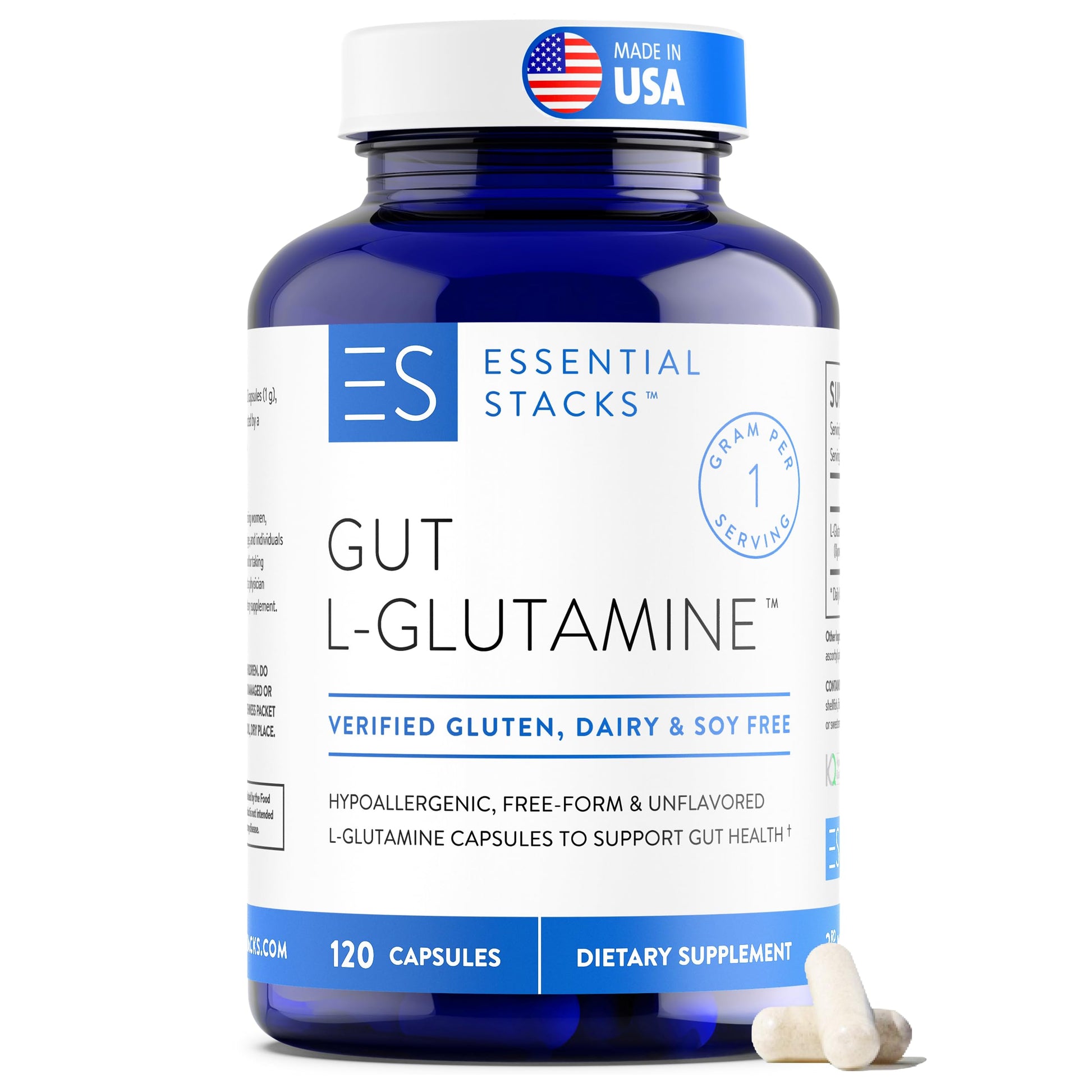 Essential Stacks Gut L-Glutamine Capsules 1000mg (Made in USA) - Gluten, Dairy & Soy Free, Non-GMO L Glutamine for Gut Health - 60 Serves (120 Caps) Essential Stacks buy supplements canada
