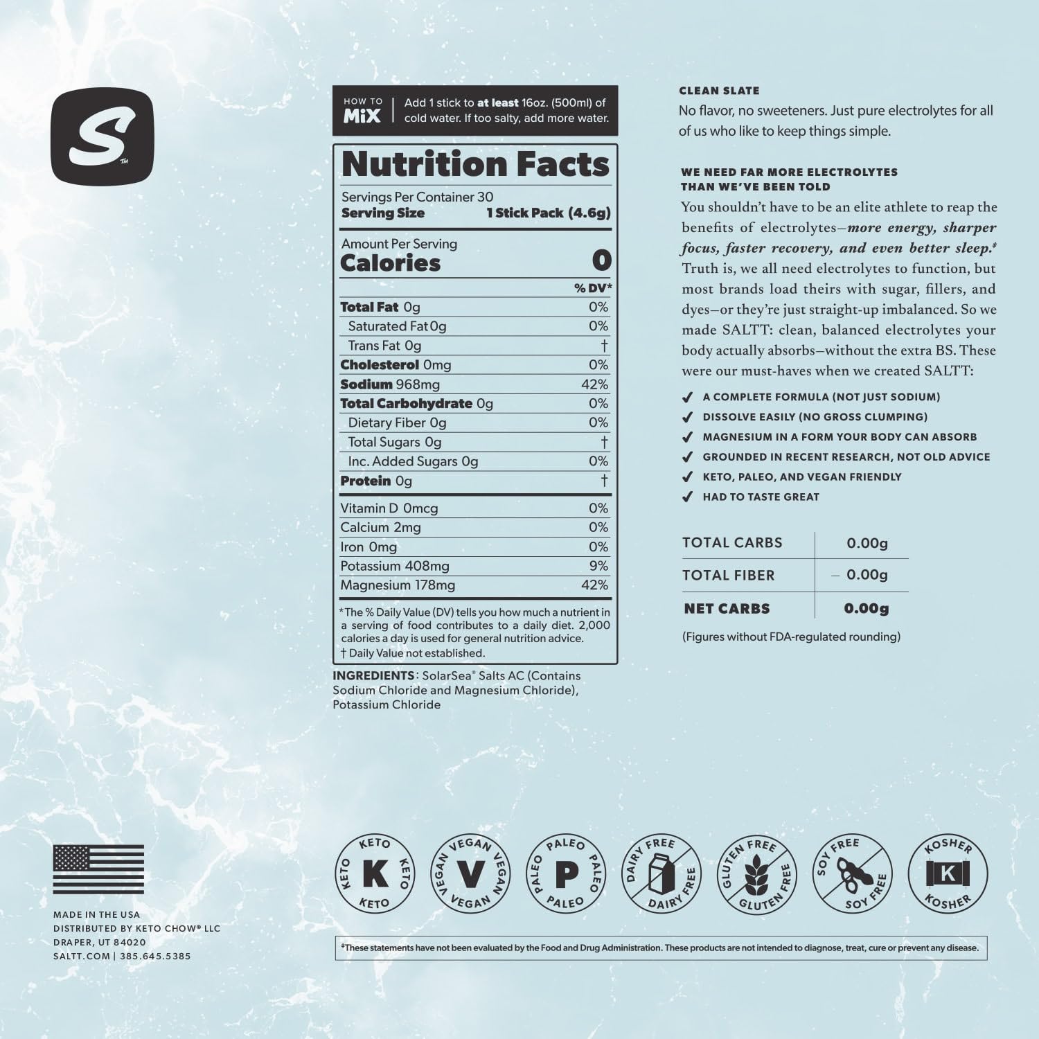 SALTT Electrolytes Powder Unflavored Drink Mix - Clean Slate - 30 Hydration Packets - Magnesium, Potassium, Sodium, Trace Minerals - Zero Sugar Keto Chow buy supplements canada