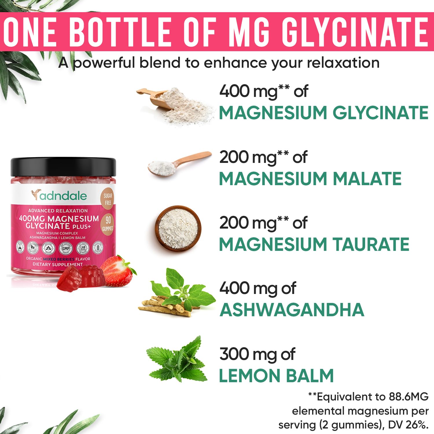 Adndale 90 CT Magnesium Glycinate 400 mg Gummies with Ashwagandha, Magnesium Malate & Taurate, Sugar Free Magnesium Gummies