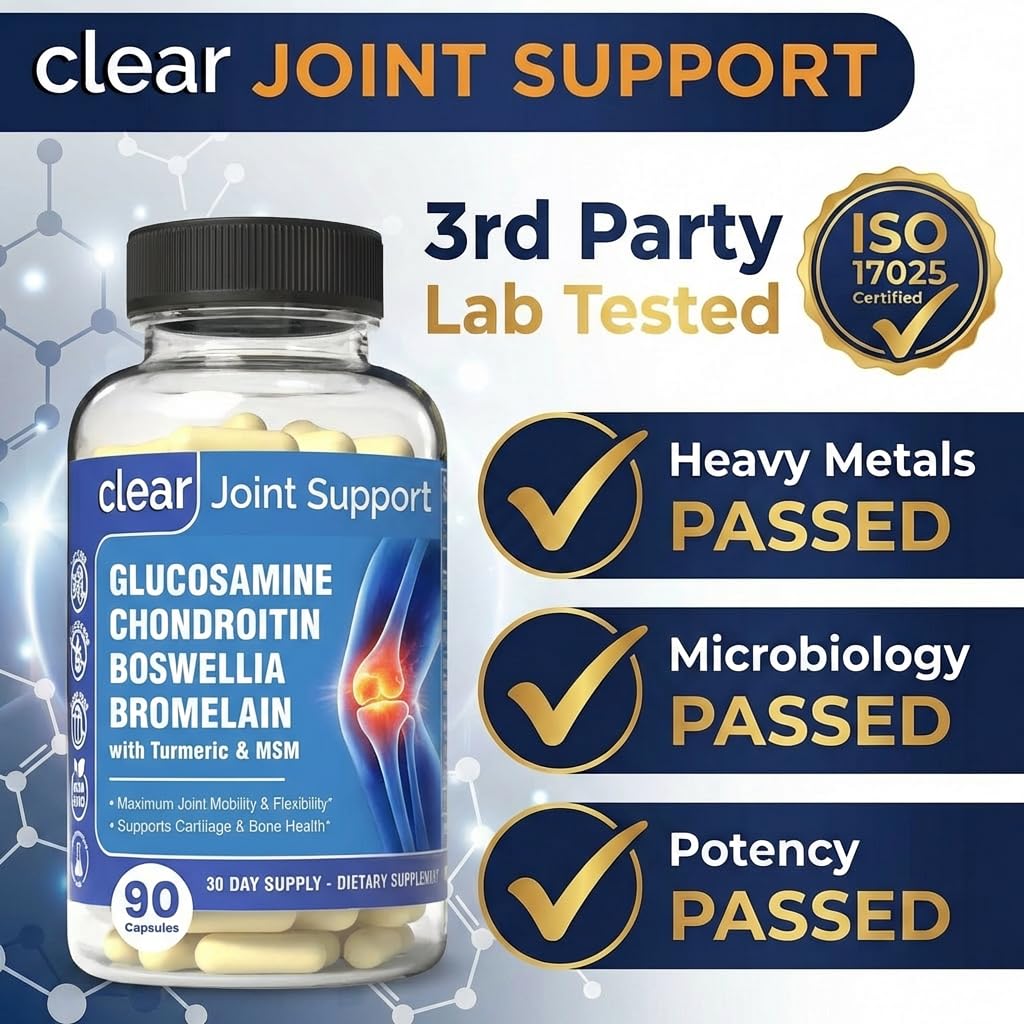 Clear Joint Support - 1500mg Glucosamine Chondroitin MSM - 8 in 1 Joint Health Supplement with Turmeric and Boswellia for Men & Women, Knee, Hip & Back Support, Made in USA, 90 Capsules Clear Probiotics buy supplements canada