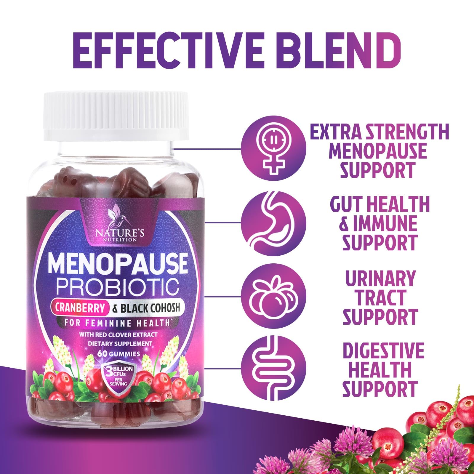 Menopause Supplement Gummies - 3 Billion CFU Women's Probiotics - Advanced Menopause Relief Formula for Women with Black Cohosh & Red Clover - Mild Hot Flashes & Night Sweats Support - 60 Gummies Nature's Nutrition buy supplements canada