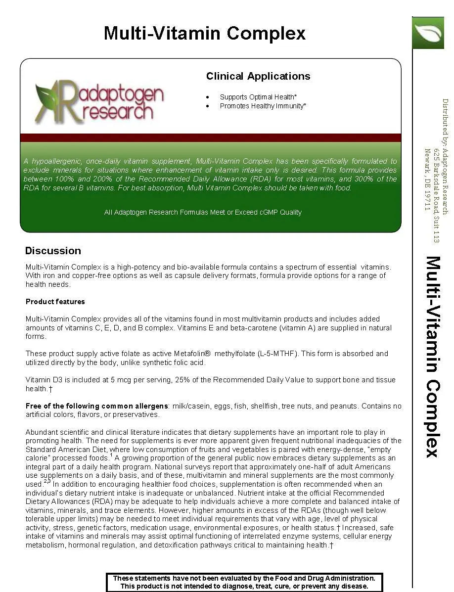Multi-Vitamin Complex | Once Daily Multivitamin Supplement with Folate as Metafolin L-5-MTHF B12 as Methylcobalamin Vitamin A C D3 and more Adaptogen Research buy supplements canada