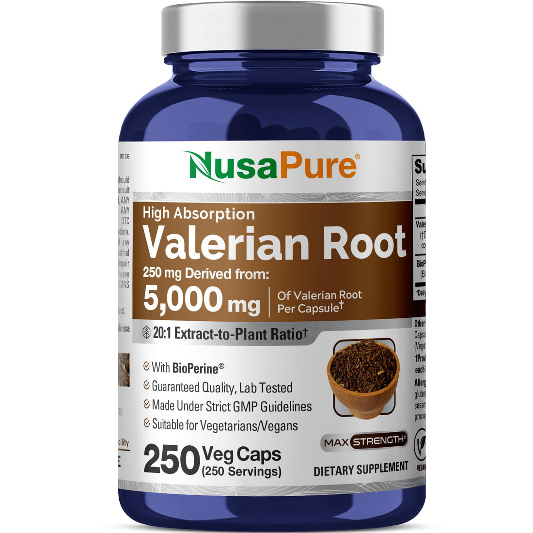 NusaPure Valerian Root 20:1 Extract, 250 mg Equivalent to 5000mg Per Veggie Caps, 250 Count, Vegan, Non-GMO, Bioperine NusaPure buy supplements canada