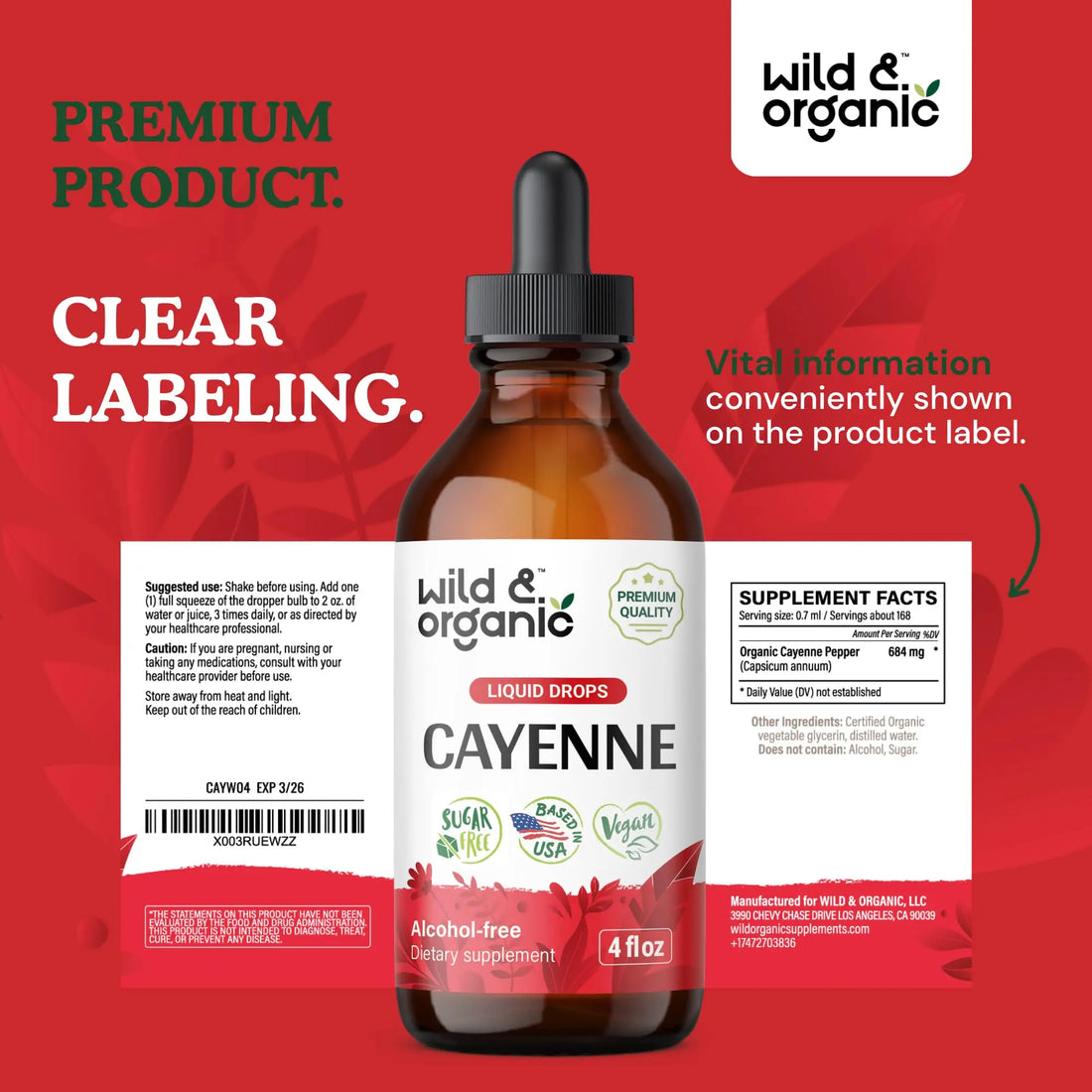 Wild & Organic Cayenne Pepper Tincture - Digestive Support with Capsaicin Extract - Cayenne Pepper Liquid Drops for Overall Well-Being - Unflavored, Vegan, Sugar & Alcohol-Free - 4 fl oz Wild & Organic buy supplements canada