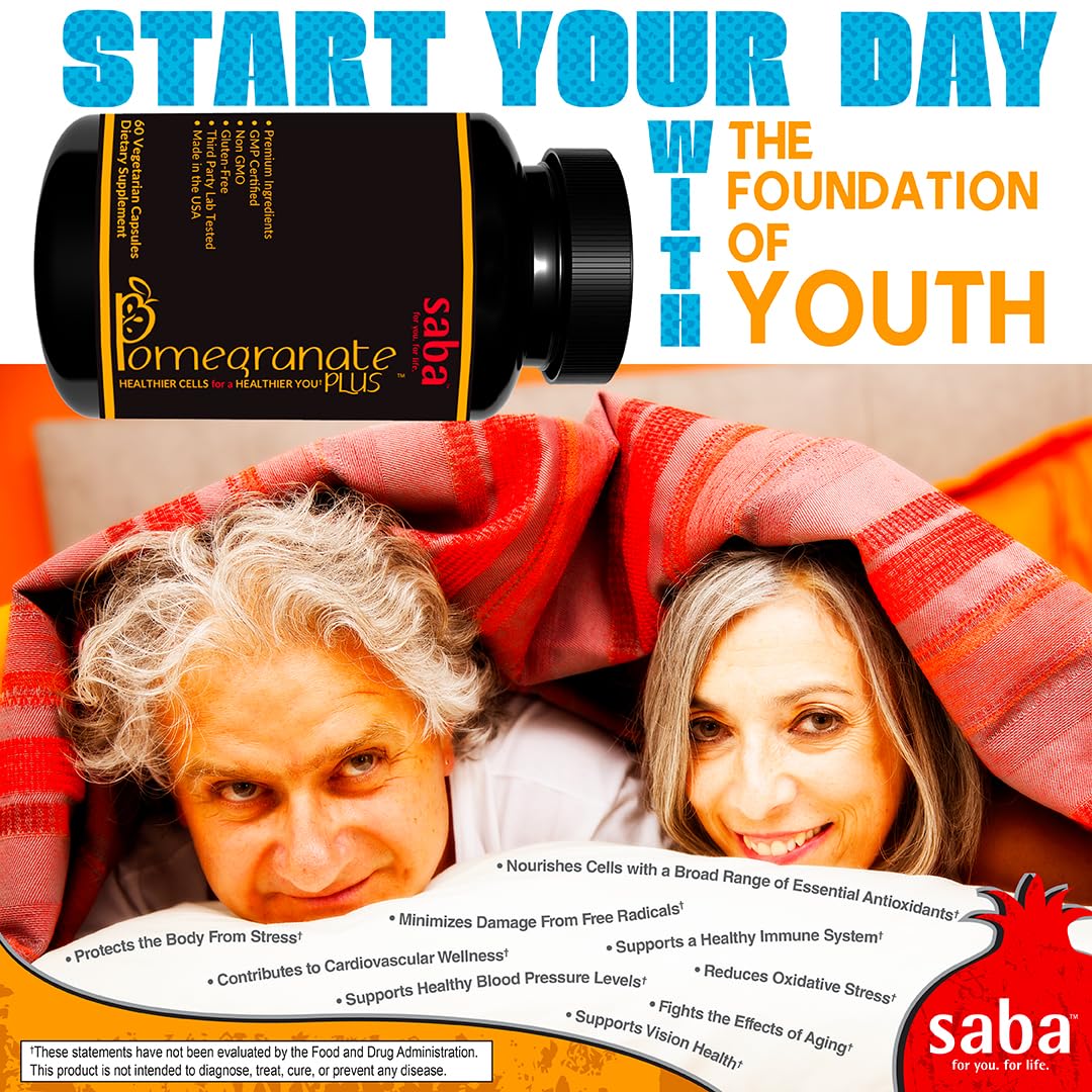 Saba Pomegranate Plus – Antioxidant Supplement with Astaxanthin & Adaptogens | Immune, Skin, Heart & Brain Support | Daily Stress & Cellular Wellness | 60 Capsules Saba buy supplements canada