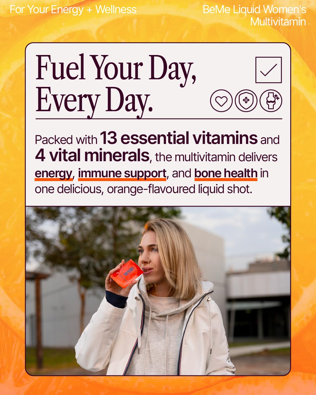 BeMe Liquid Multivitamins for Women - Advanced Liquid Delivery System with 13 Vitamins & Minerals - Tear & Go Sachets, Non-GMO, Orange Flavor (15 Sachets) BeMe buy supplements canada