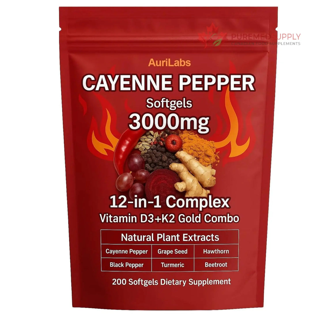 EILTEAU AuriLabs Cayenne Pepper Softgels Supplement, Supports Leg Vein, Heart and Blood Vessel Health, with Vitamin E D3+K2 and Extracts of Grape Seed, Hawthorn, Beetroot and Others (1) EILTEAU buy supplements canada