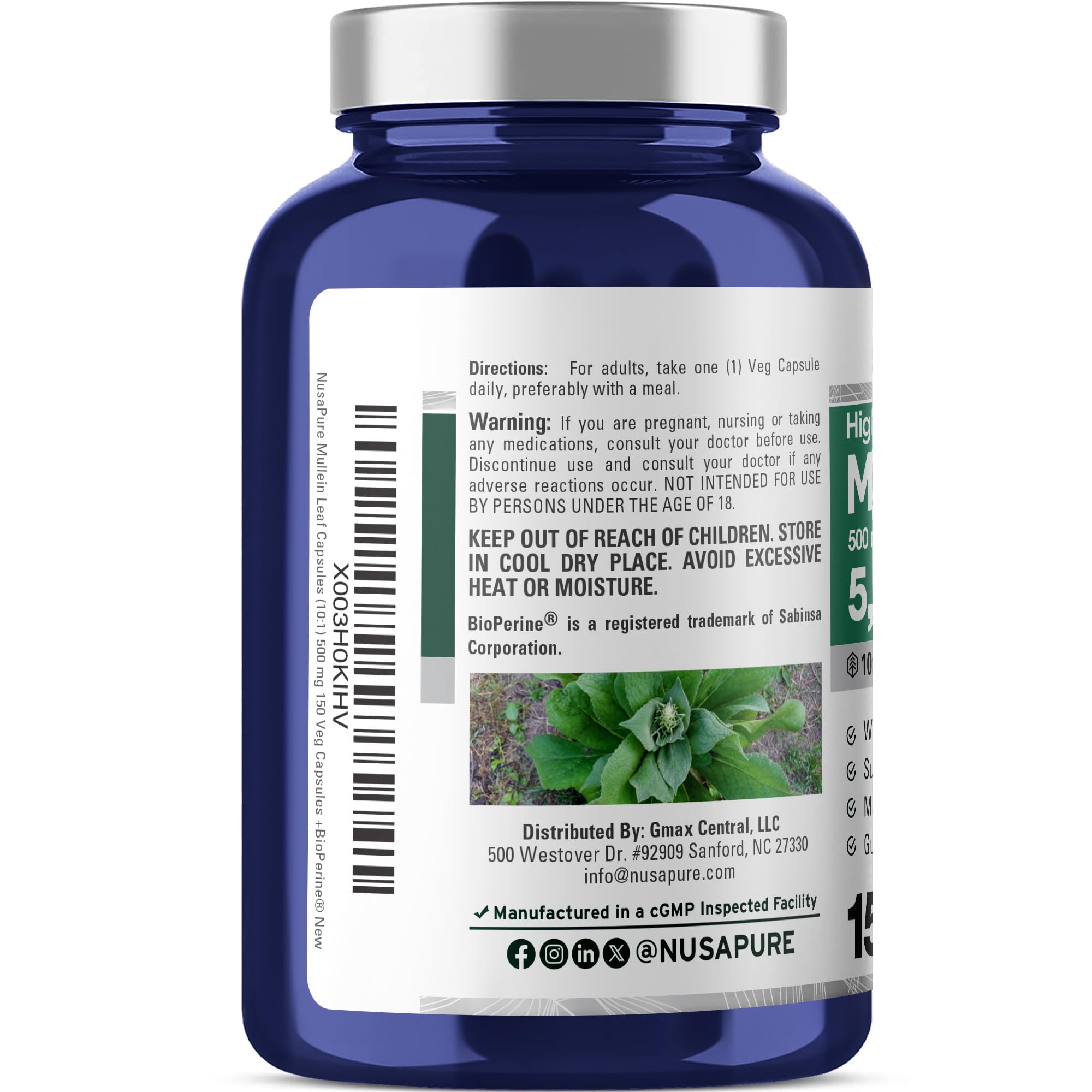 NusaPure Mullein Leaf Capsules 10:1 Extract, 500 mg Equivalent to 5,000 mg per Veggie Caps - 150 Count - Verbascum Thapsus (Non-GMO, Vegan) Dietary Supplement NusaPure buy supplements canada