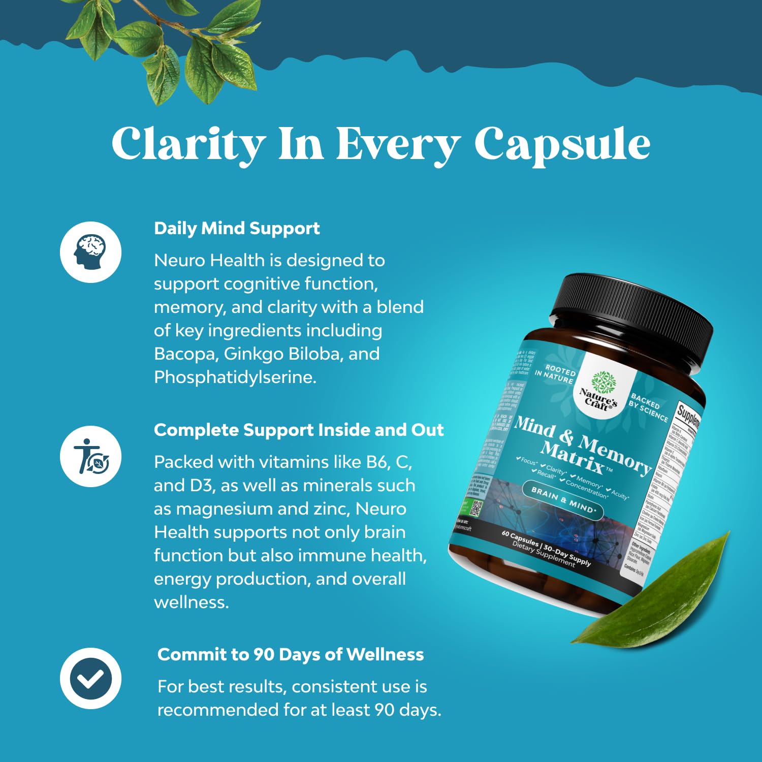 Nootropic Brain Supplement for Memory and Focus Enhancement - Vitamins for Mental Health & Clarity with VIT A, B6, Riboflavin, Niacin, Thiamin & Folate - Cognitive Complex for Mind Vitality - 60 Ct Natures Craft buy supplements canada