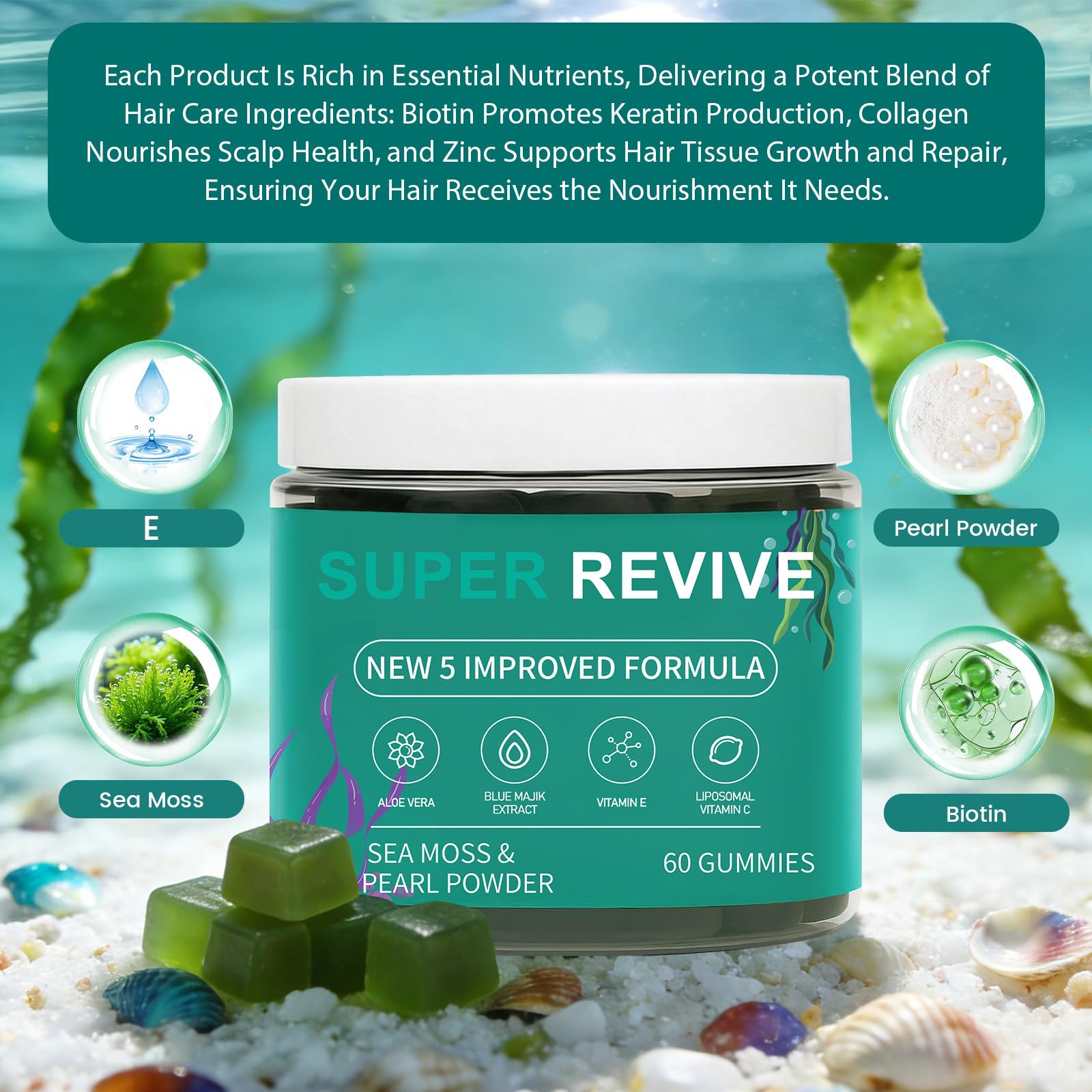 caicieter Super Revive Gummies for Hair Loss - Sea Moss Gummies with Vitamin C, E, Aloe Vera & Pearl Powder Glow, Promotes Thicker, Fuller & Stronger Hair - 60 Count caicieter buy supplements canada