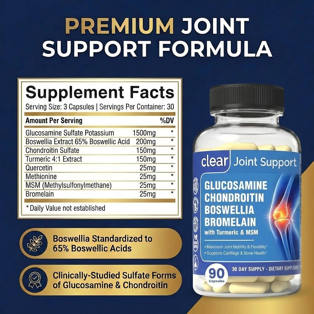 Clear Joint Support - 1500mg Glucosamine Chondroitin MSM - 8 in 1 Joint Health Supplement with Turmeric and Boswellia for Men & Women, Knee, Hip & Back Support, Made in USA, 90 Capsules Clear Probiotics buy supplements canada