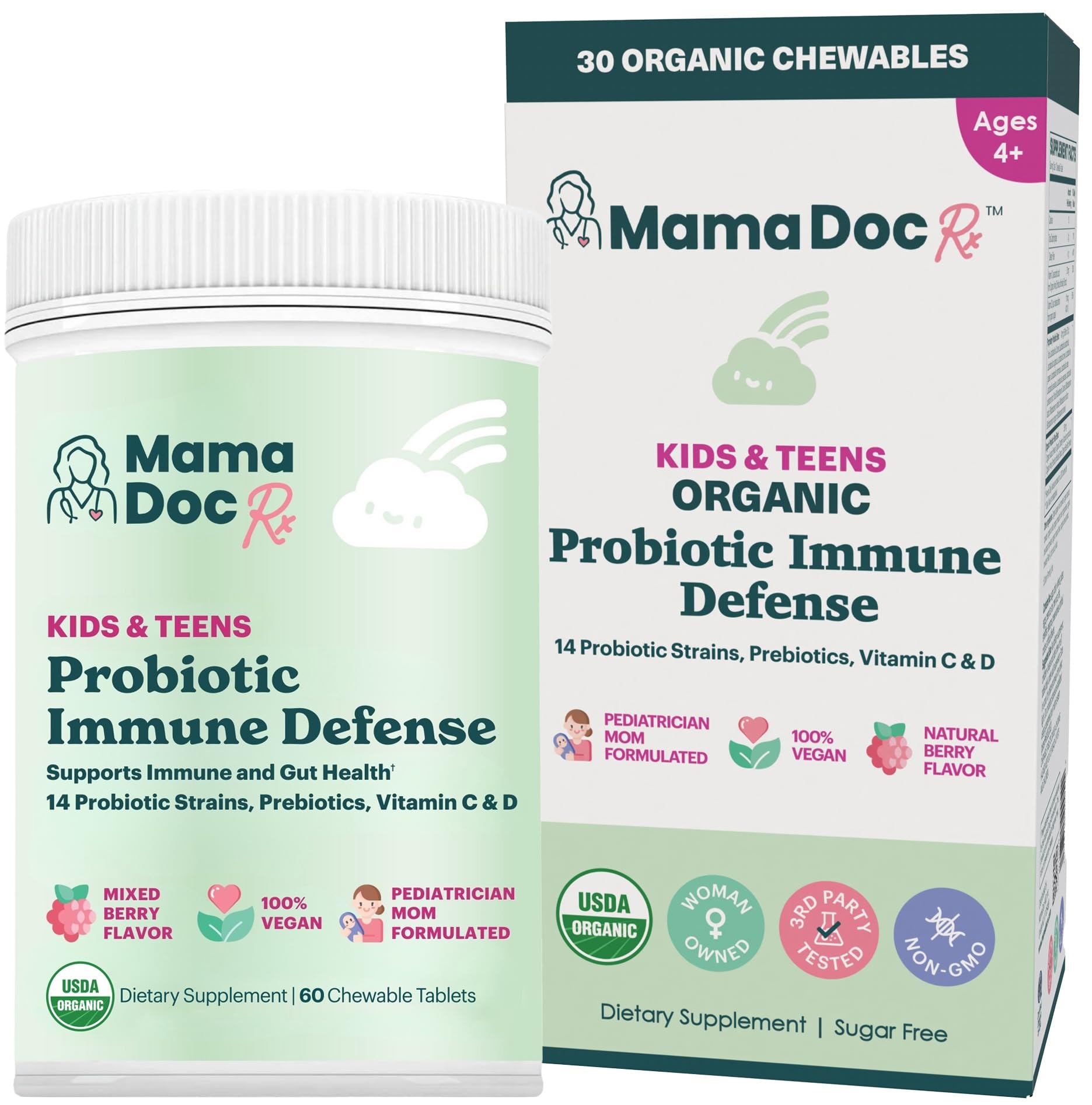 MamaDoc Rx Certified Organic Kids & Teens Probiotic Immune Defense - 5 Billion CFUs | Sugar Free, Vegan, Gluten-Free | 14 Probiotic Strains, Prebiotics, Vitamin C & D | 30 Chewable Tablets, Ages 4+ MamaDoc Rx buy supplements canada