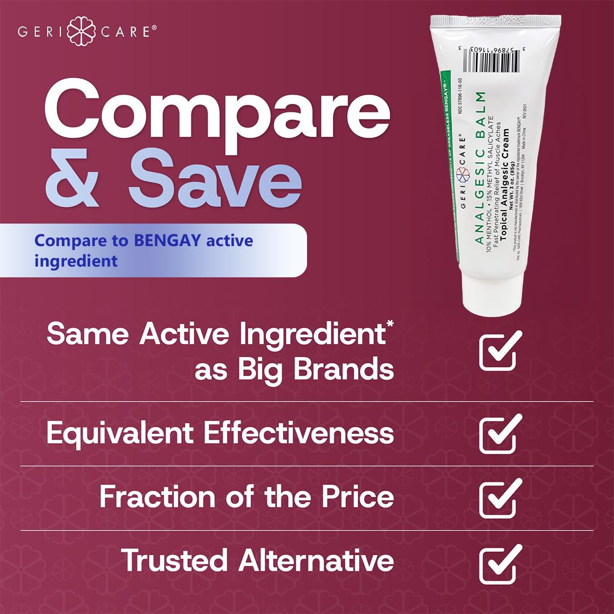 GeriCare Topical Analgesic Cream, Menthol 10%, Methyl Salicylate 15%, Fast Absorption, Pain Relief of Minor Muscle Aches, Body Stiffness, Joint Pain & Soreness, 3 Ounce (Pack of 1) GeriCare buy supplements canada