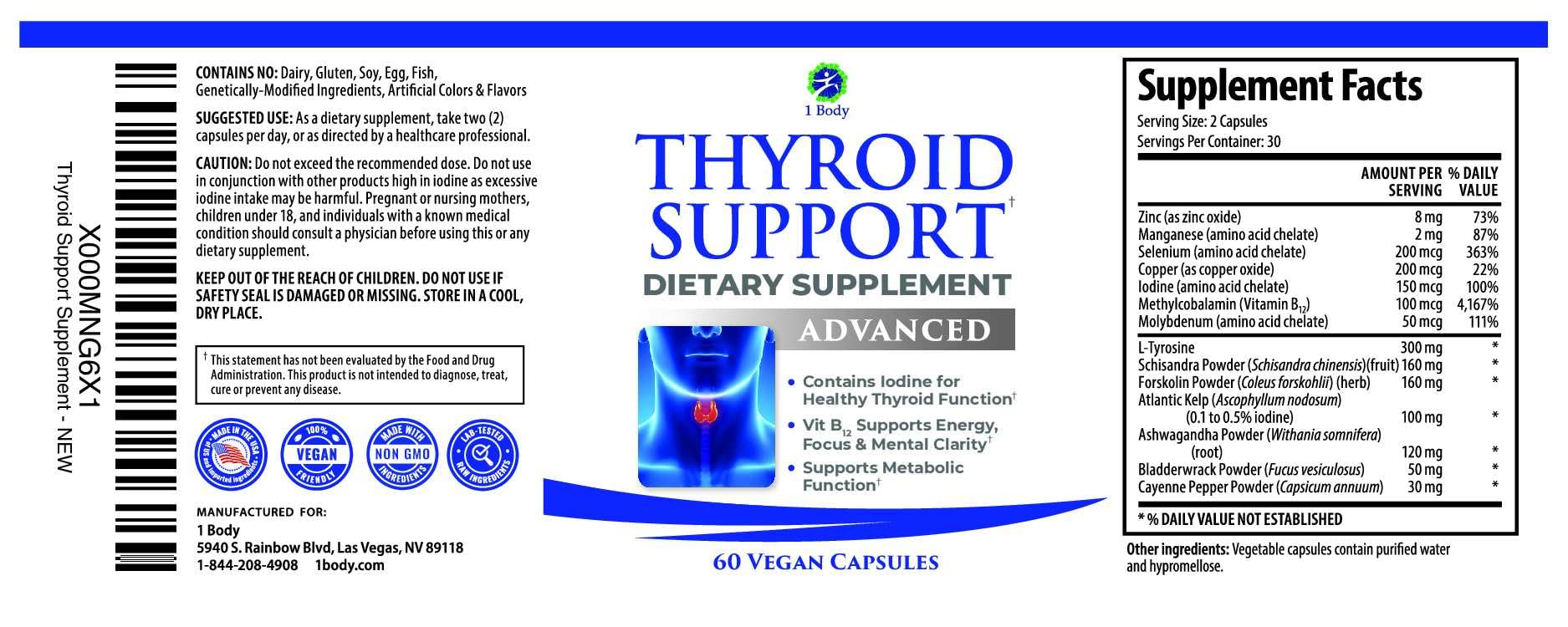 1 Body Thyroid Support Supplement for Women and Men, Selenium with Iodine, Zinc, B12, Ashwagandha and L-Tyrosine, Supports Hormone Health, Energy and Metabolism, 30 Day Supply 1 Body buy supplements canada