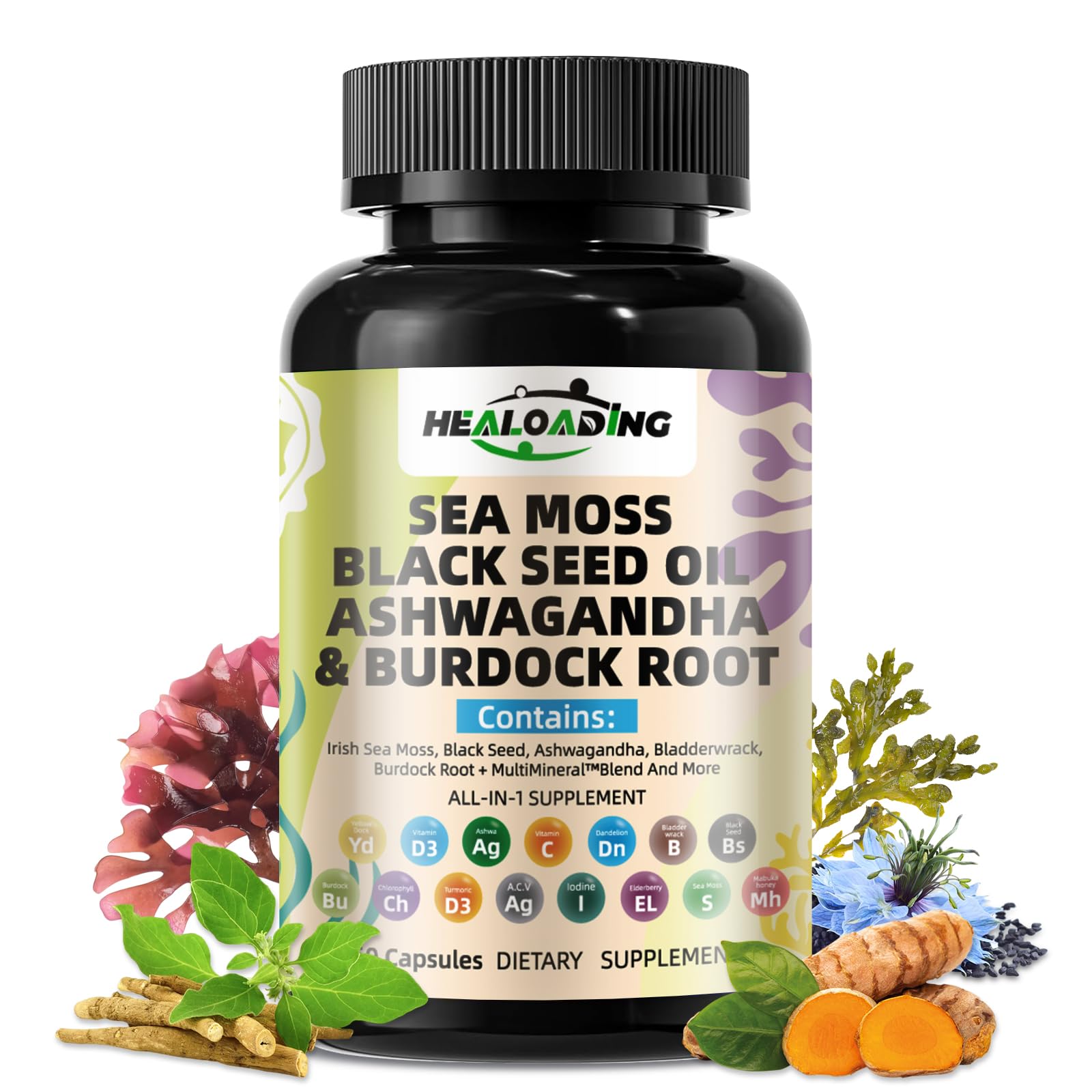 HEALOADING Sea Moss Capsules：Wildcrafted Organic Irish Seamoss & Bladderwack - Rich in Minerals, Supports Thyroid Health, Digestion, Skin & Immune System - Vegan, Non-GMO HEALOADING buy supplements canada