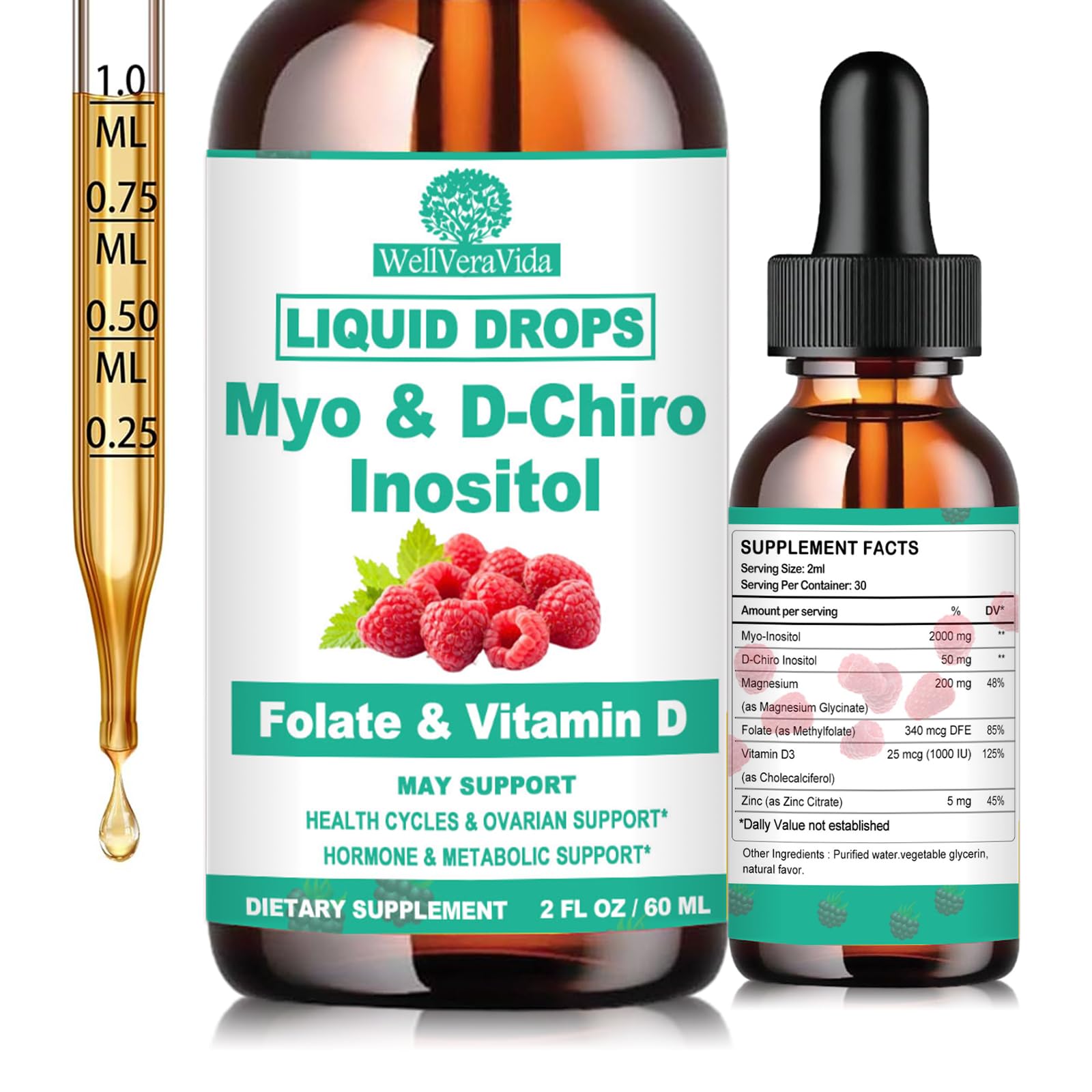 Myo Inositol & D-Chiro Inositol Supplement Liquid for Women- Ideal 40:1 Ratio Inositol Drops with MTHF Folate, Magnesium, Vitamin D, Supports Hormone Balance, Regular Cycles & Ovarian Health丨Vegan WellVeraVida buy supplements canada