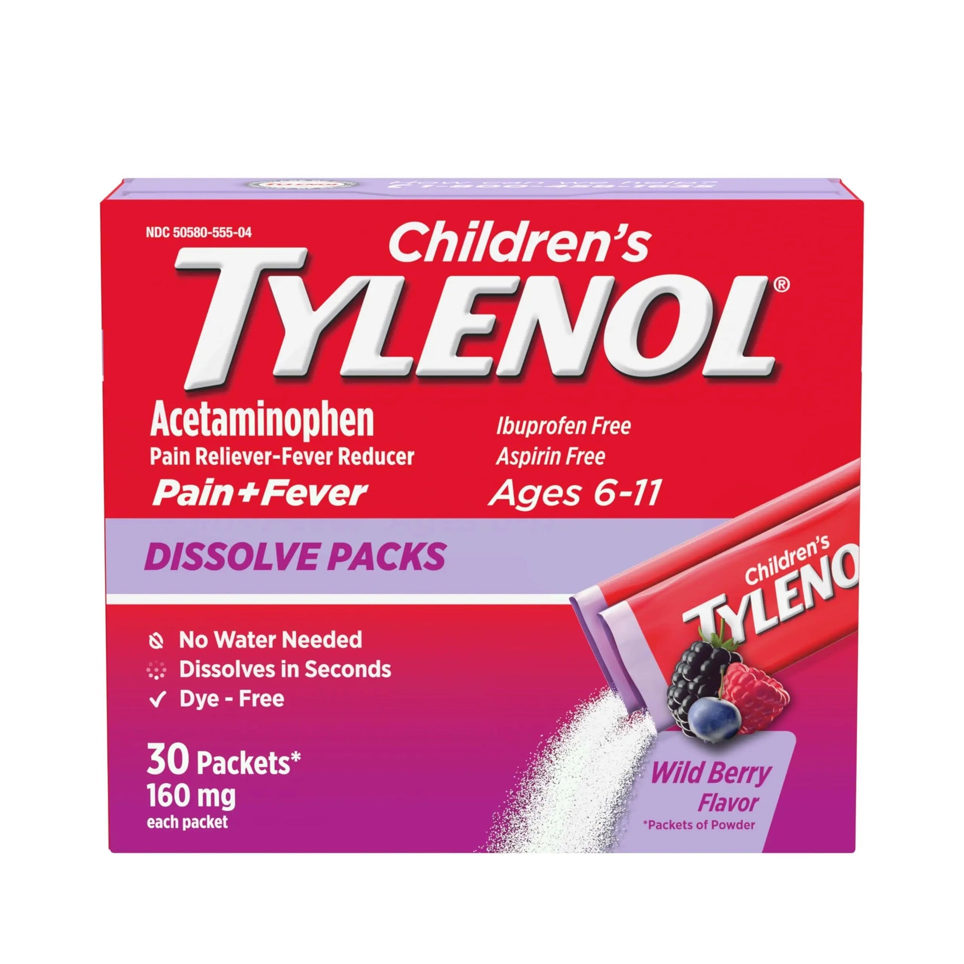 Children's Tylenol Dissolve Packs for Pain Relief, Fever Medication, 160 mg Acetaminophen, Dye Free, Kids' Powder Packets for Cold & Flu Symptom Relief; Wild Berry Flavor, 30 ct.; Pack of 1 Tylenol buy supplements canada