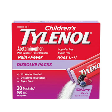 Children's Tylenol Dissolve Packs for Pain Relief, Fever Medication, 160 mg Acetaminophen, Dye Free, Kids' Powder Packets for Cold & Flu Symptom Relief; Wild Berry Flavor, 30 ct.; Pack of 1 Tylenol buy supplements canada
