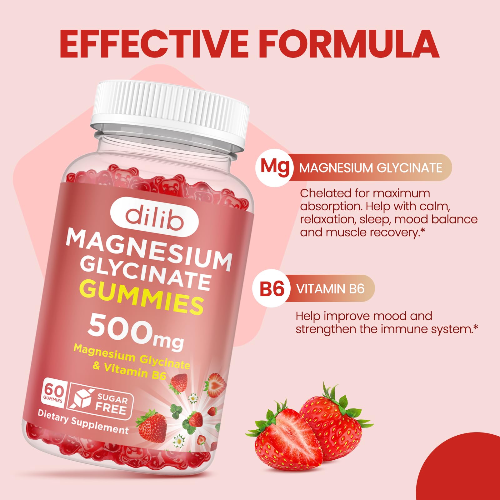 Magnesium Glycinate Gummies 500mg - Magnesium Supplement with Vitamin B6 for Adults & Magnesium for Kids - Calm Magnesium for Sleep, Mood, Muscle Support - Strawberry Flavor, 60 Gummies dilib buy supplements canada