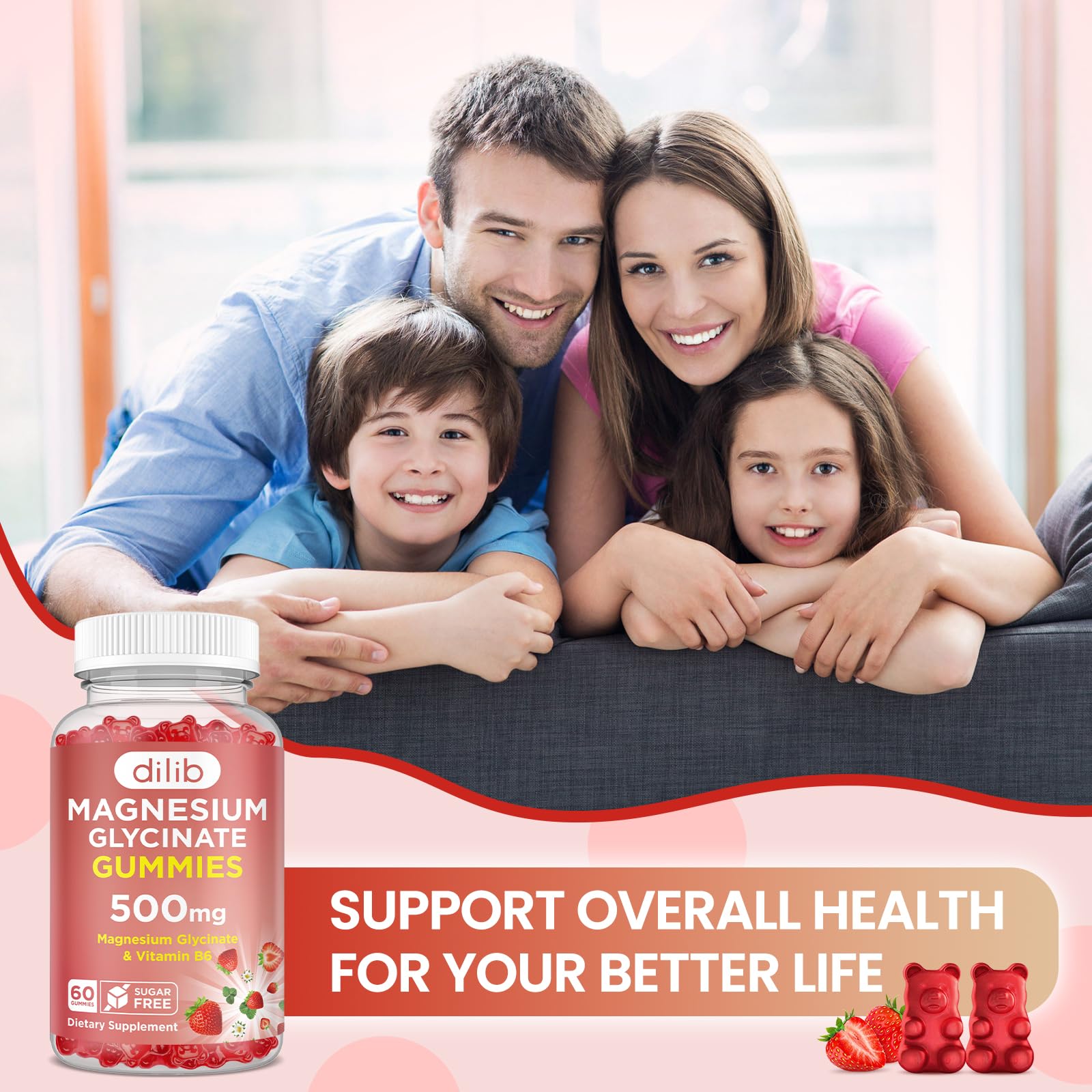 Magnesium Glycinate Gummies 500mg - Magnesium Supplement with Vitamin B6 for Adults & Magnesium for Kids - Calm Magnesium for Sleep, Mood, Muscle Support - Strawberry Flavor, 60 Gummies dilib buy supplements canada