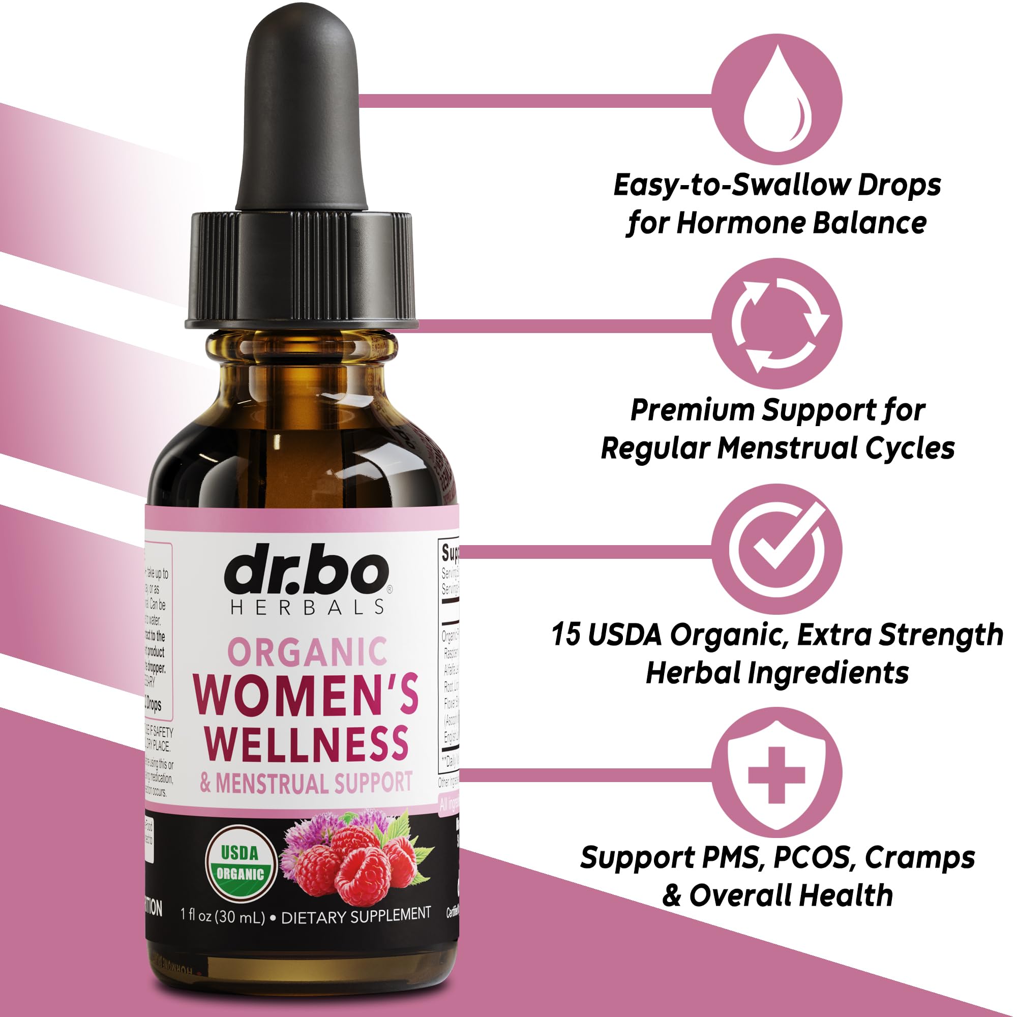 Hormone Balance for Women & PMS Relief - Women's Wellness Organic Hormonal Balance Supplements Liquid Drops & Menstrual Cramp Period Support - Raspberry Leaf, Chasteberry, Black Cohosh Supplement 1 Oz DR. BO buy supplements canada
