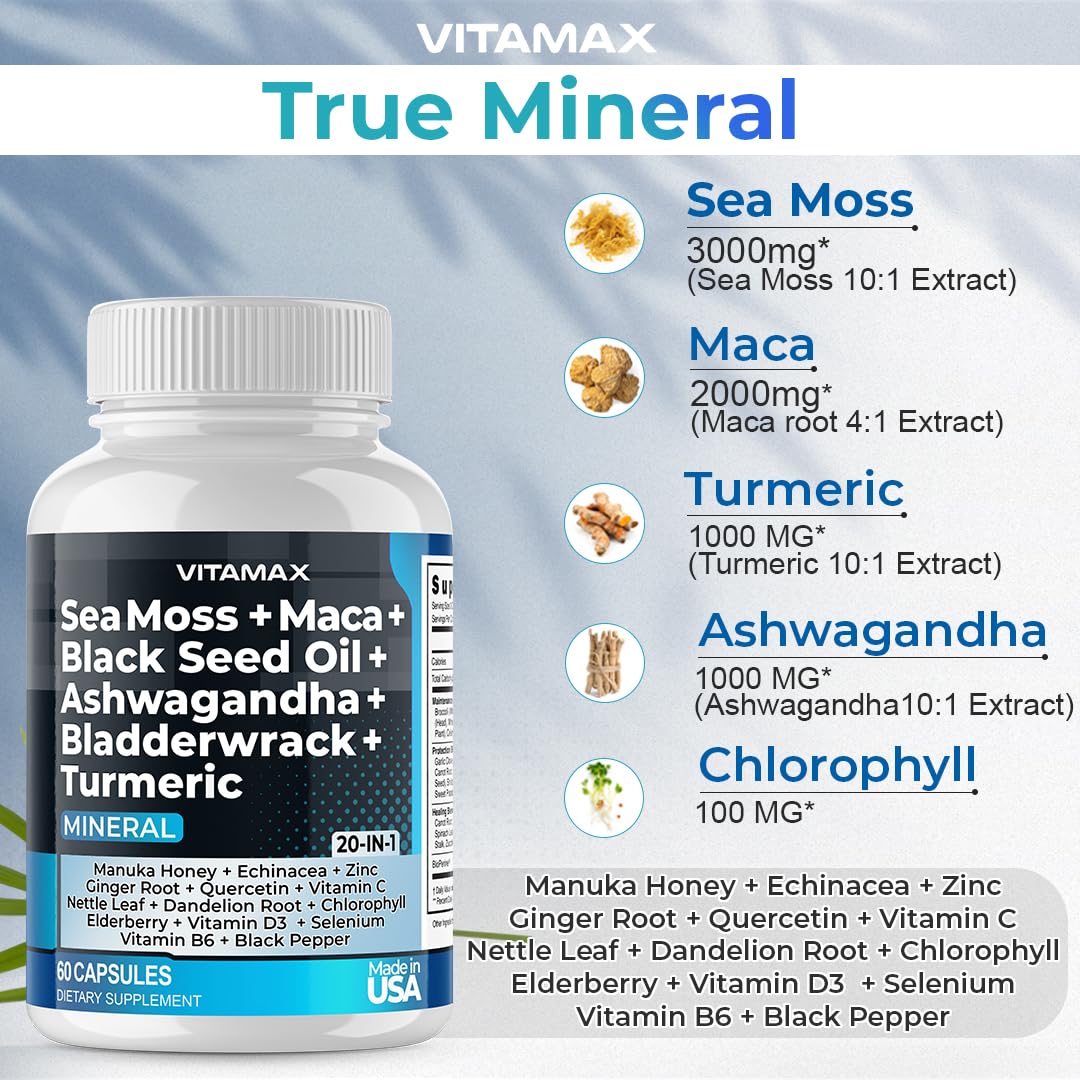 Sea Moss 3000mg Maca 1000mg Black Seed Oil 2000mg Ashwagandha 1000mg Bladderw Vitamax buy supplements canada