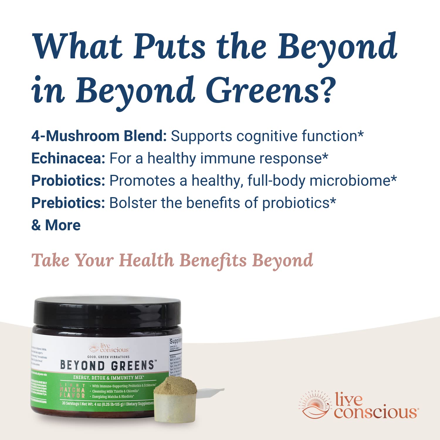 Live Conscious Beyond Greens Superfood Powder - Delicious Debloating Super Greens Powder - Matcha Greens Blend w/Chlorella, Echinacea, Probiotics for Immune Support & Energy Live Conscious buy supplements canada