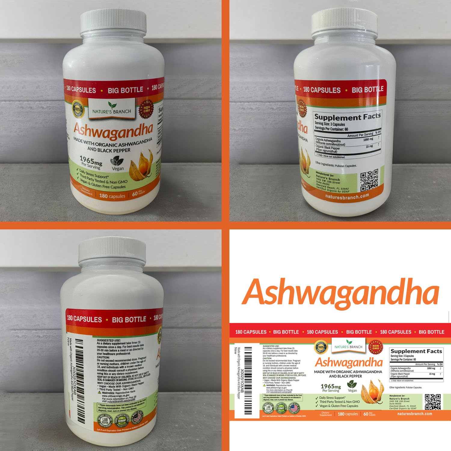 UDAF Certified Organic Ashwagandha with Black Pepper, 1965mg - Extra Strength for Stress, Sleep, Mood, Thyroid, Energy, Hair, Vegan Pure Root Extract Powder Supplement for Men and Women | 180 Capsules NATURE'S BRANCH buy supplements canada