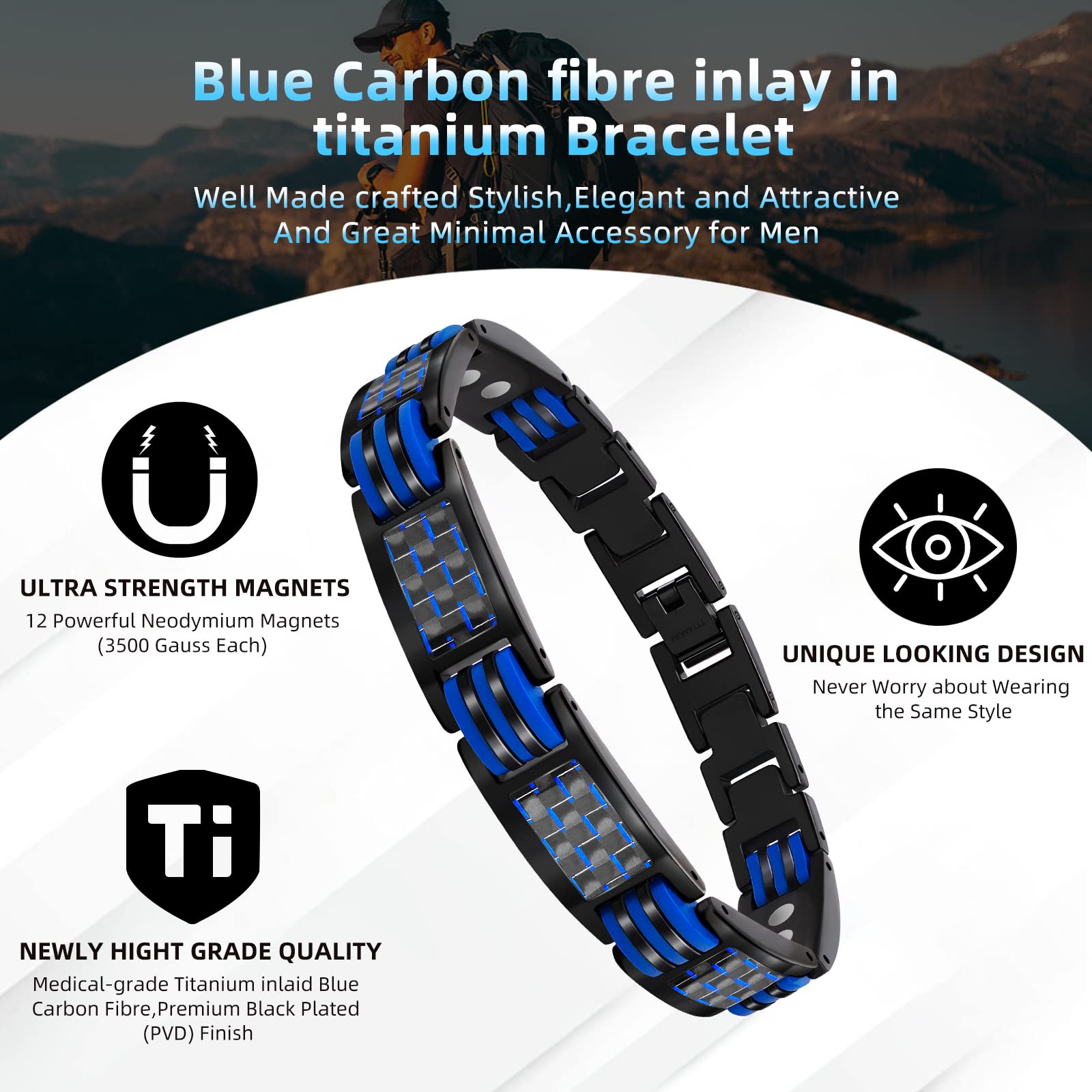 JEROOT Magnetic Bracelets for Men, Blue Carbon Fiber Pure Titanium Magnetic Bracelet JEROOT buy supplements canada