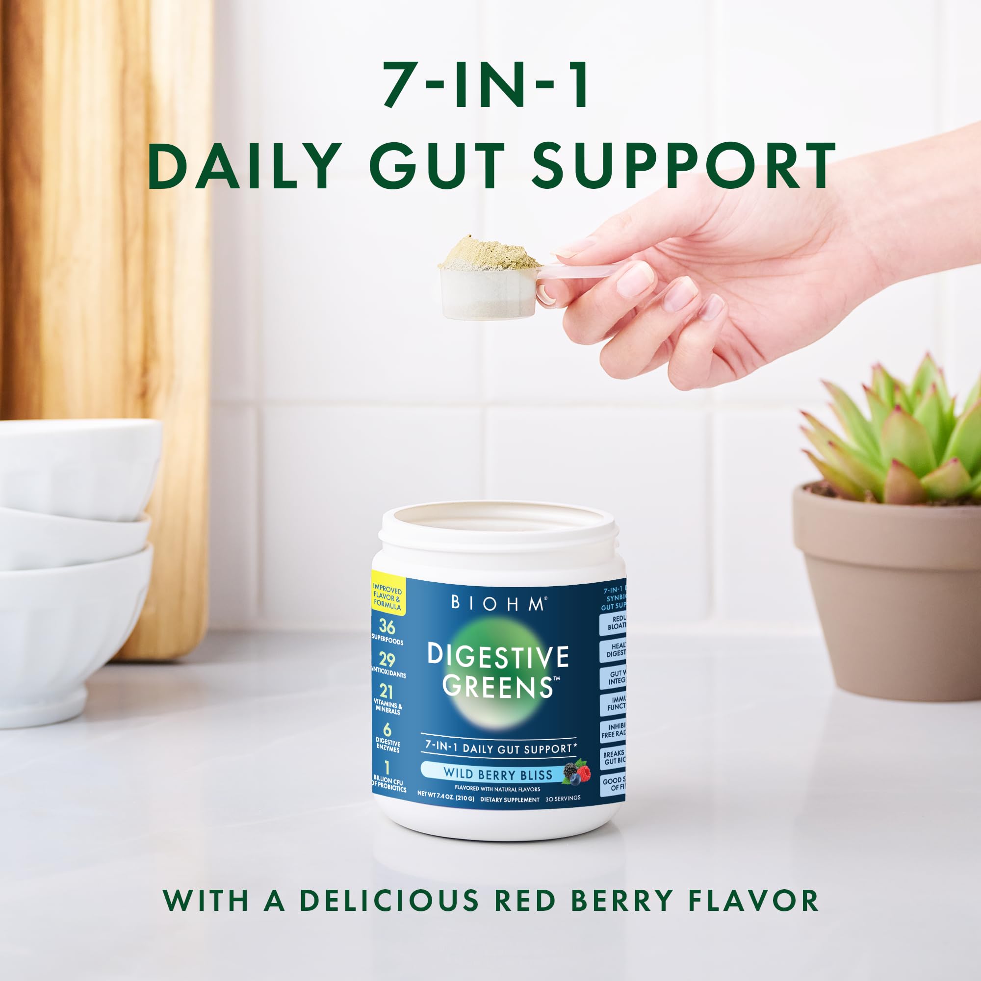 BIOHM Digestive Greens, Green Superfood Powder (7.4 Oz, 30 Servings) Immune & Gut Health Support with Antioxidants, Vitamins, Probiotics & Enzymes, Good Source of Fiber, Berry Flavor BIOHM buy supplements canada