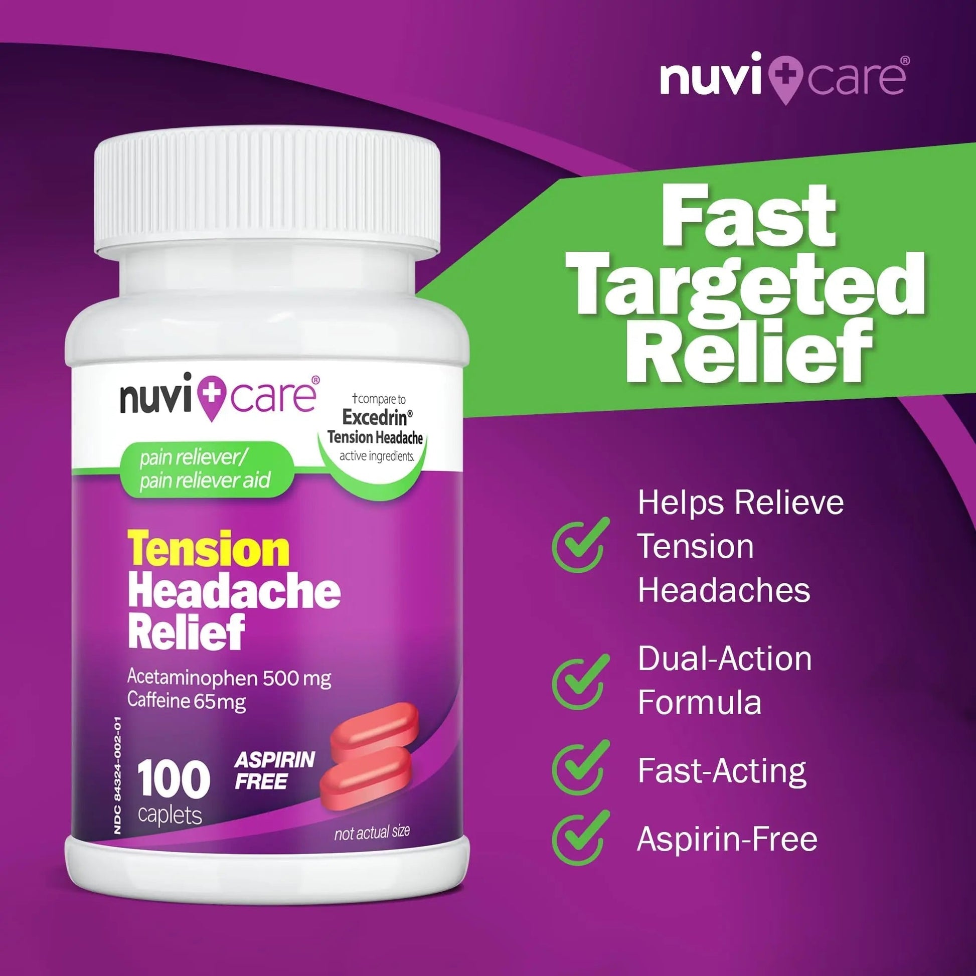 Nuvicare Tension Headache Relief Pills with 500mg Acetaminophen and 65mg Caffeine - Non Aspirin Pain Reliever Aid - Compare to Active Ingredient in Aspirin Free Excedrin Tension Headache (100 Caplets) NUVICARE buy supplements canada