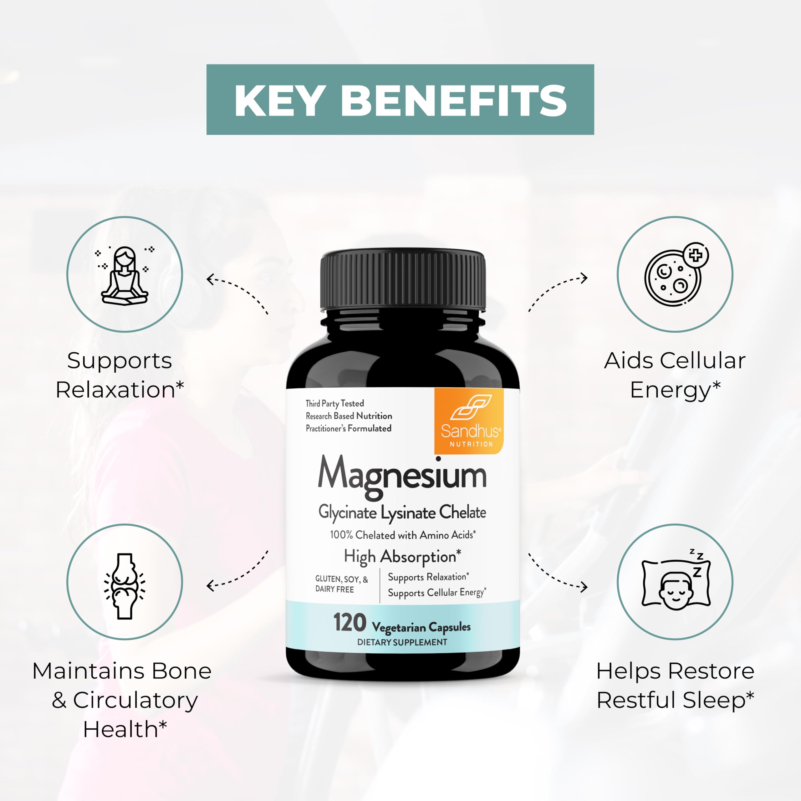 Sandhu's Magnesium Glycinate Lysinate | 120 Easy to Swallow Chelated Vegan Capsules | Magnesium Lysine Chelate Supplement for High Absorption | for Best Sleep, Leg Cramps, Relaxation Sandhu's buy supplements canada