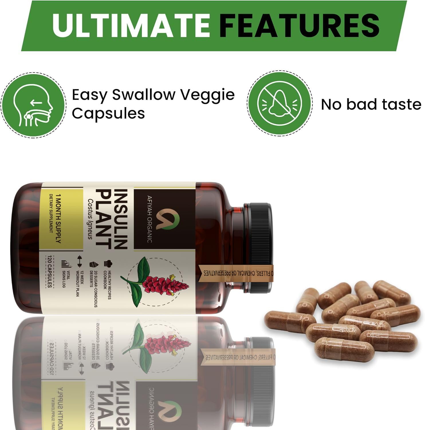 Afiyah Organic - Premium Quality Costus Igneus (Insulin Plant) Capsules - Easy to Swallow 120 Veggie Capsules (1 Month Supply) - Made in the USA - Including Complete Health Support Program Afiyah Organic buy supplements canada